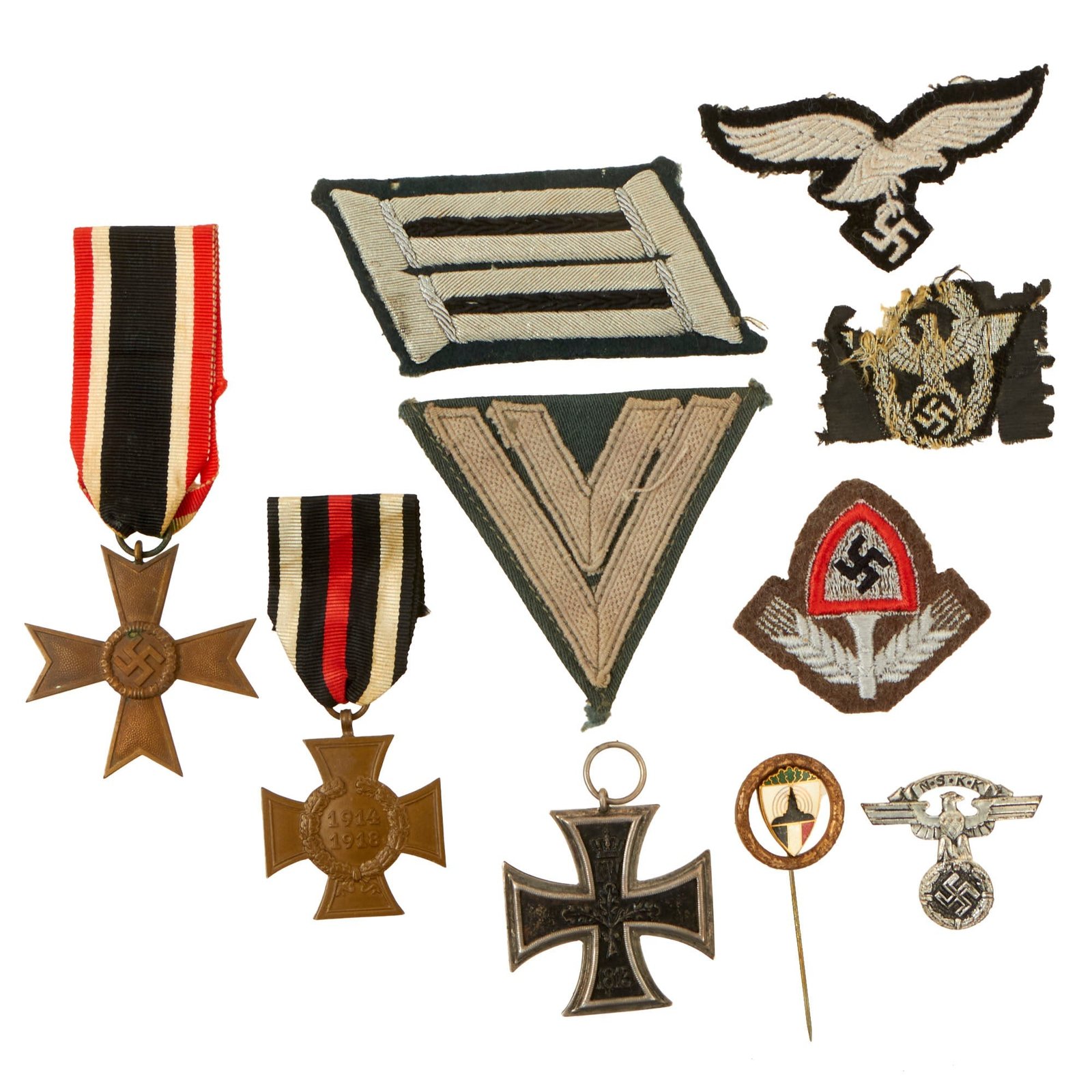 Buy Original German WWI - WWII Award and Insignia Grouping with 1914 EKII, Hindenberg Cross, KvKII, and More - 10 Items | Original Firearms Antique For Sale