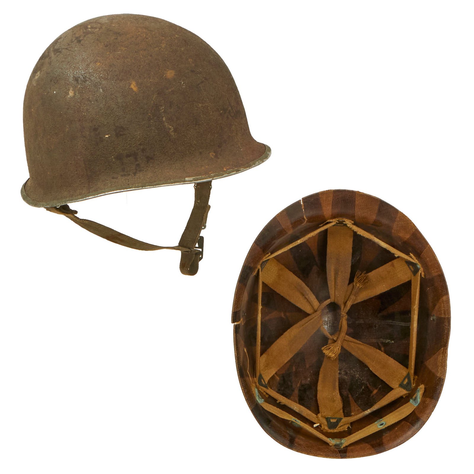 Buy Original U.S. WWII 1943 M1 Schlueter Fixed Bale Front Seam Helmet with Damaged Staff Sergeant’s CAPAC Liner | Original Firearms Antique For Sale