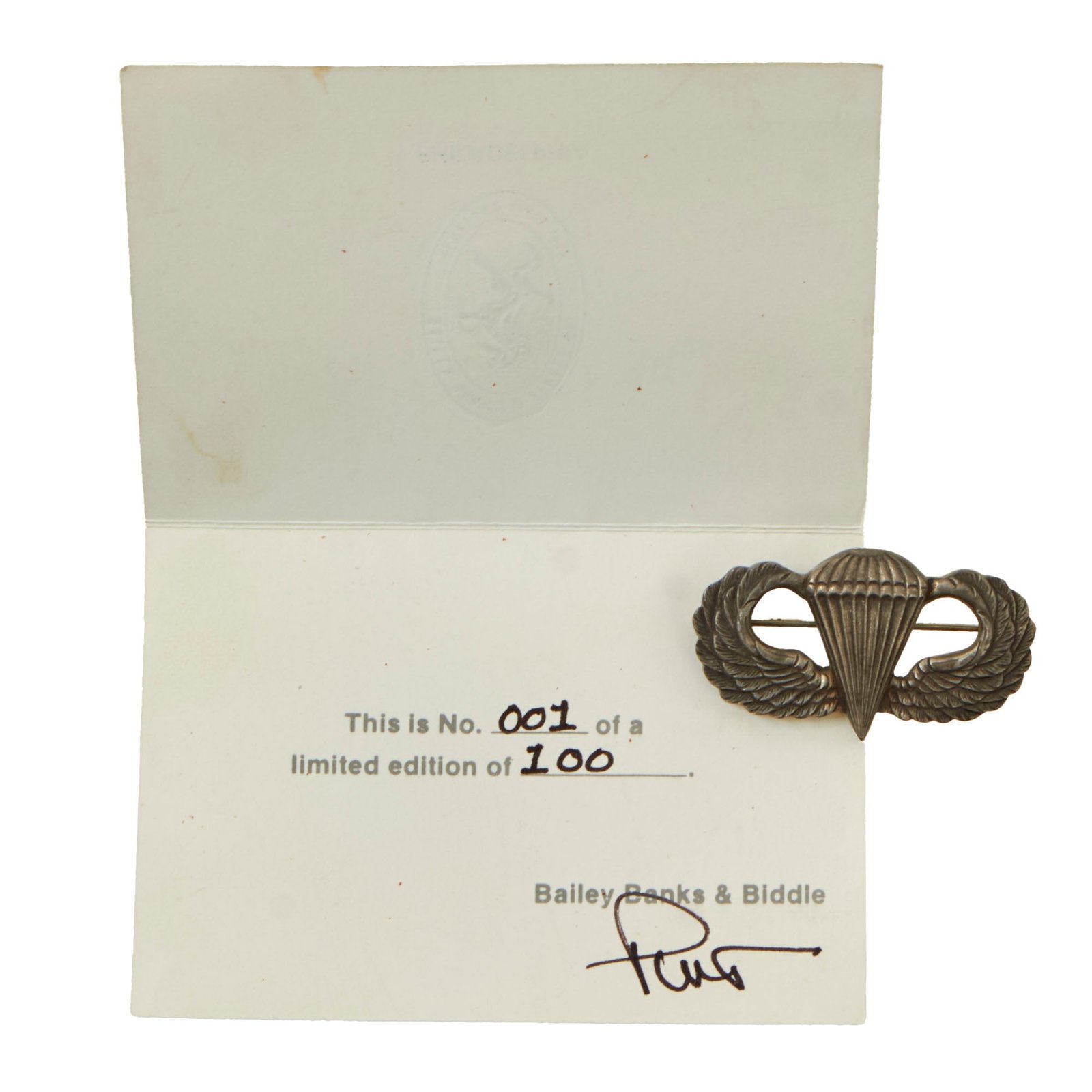 Buy Original U.S. Post-WWII Bailey, Banks & Biddle Co. Sterling Paratrooper Wings with Limited Edition Certificate - No. 001/100 | Original Firearms Antique For Sale