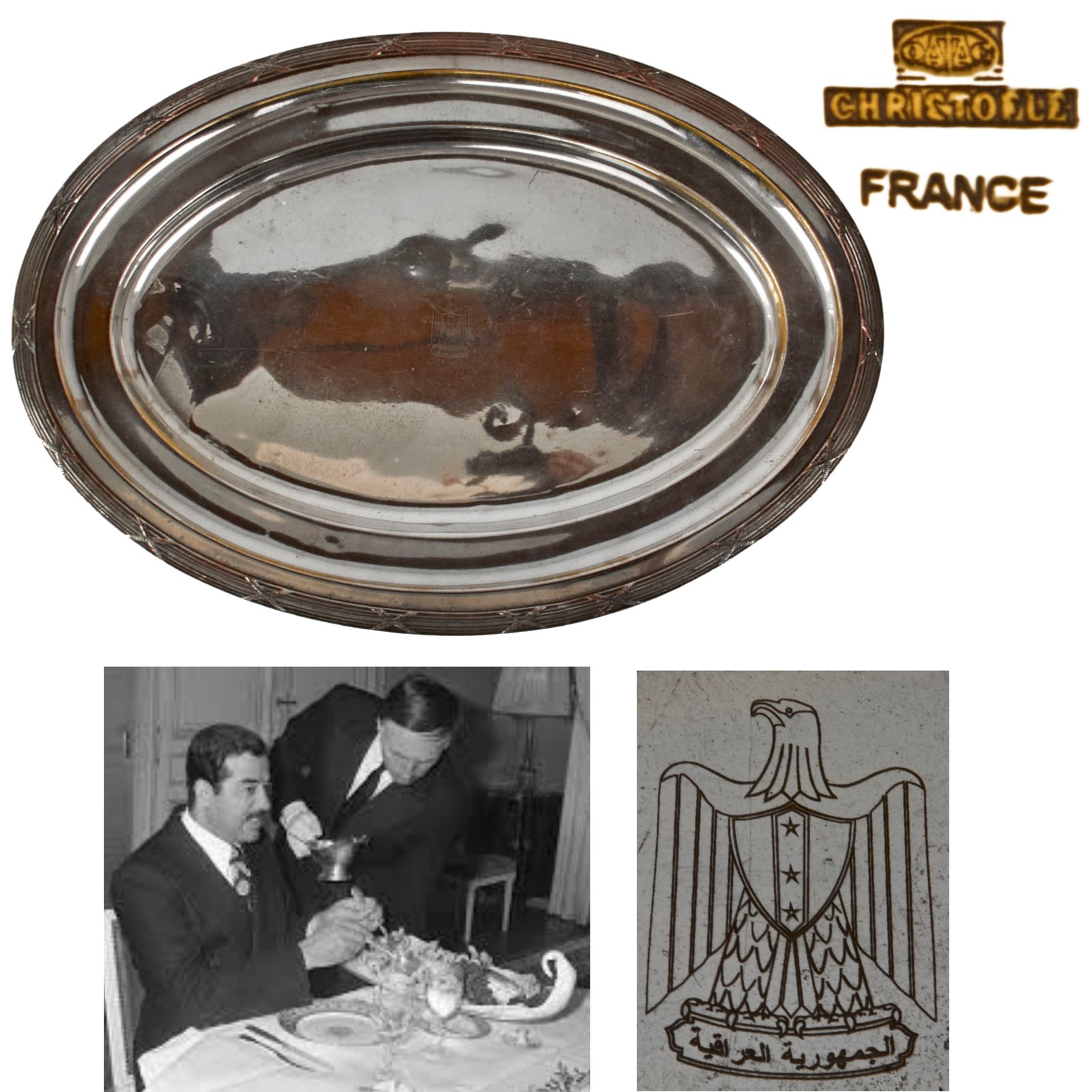 Original Iraq War Saddam Hussein Silver Plated Formal Pattern Serving Tray with Iraq Coat of Arms - From Basra Airport - Christofle Silver