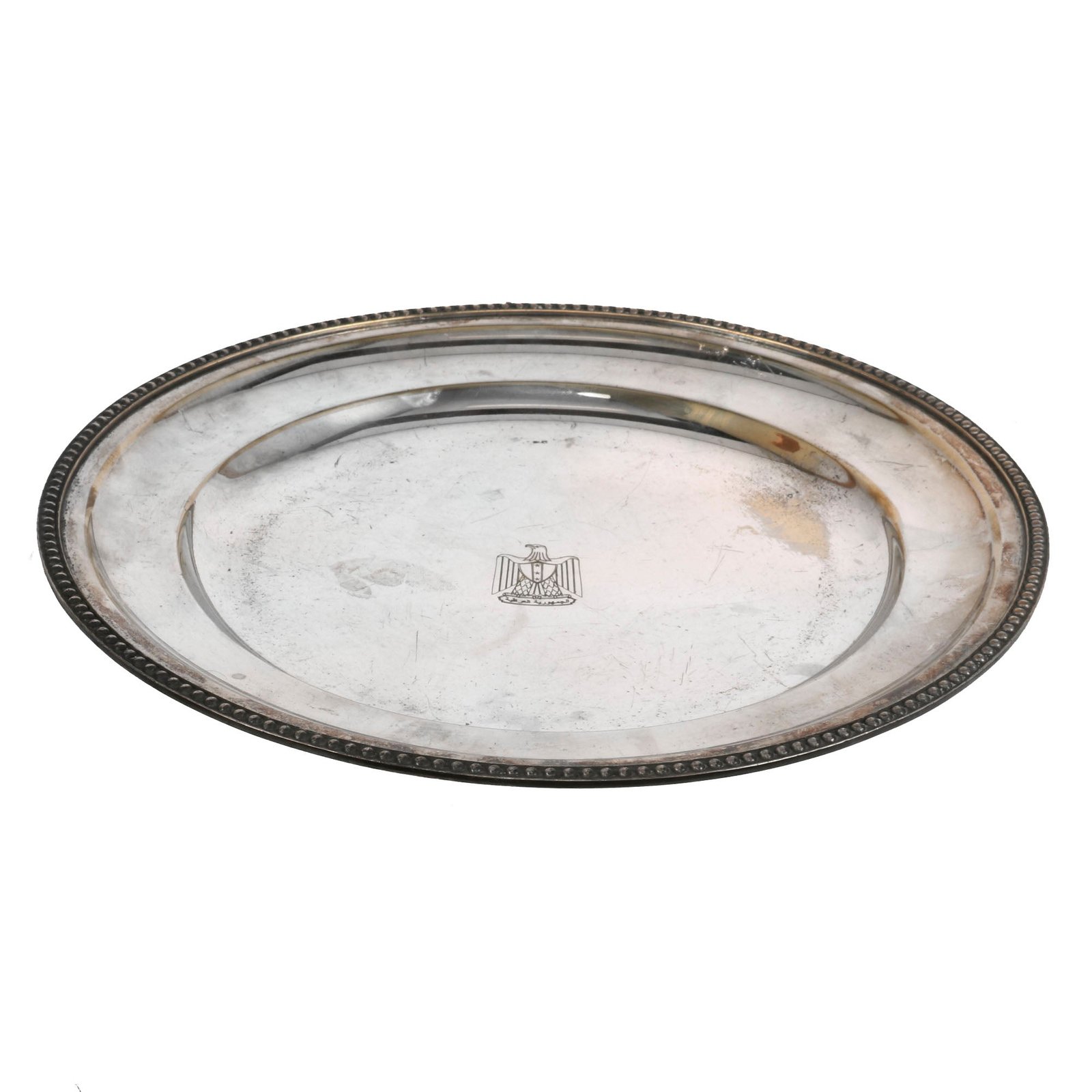 Buy Original Iraq War Saddam Hussein Silver Plated Round Serving Tray with Iraq Coat of Arms - From Basra Airport - Christofle Silver | Original Firearms Antique For Sale