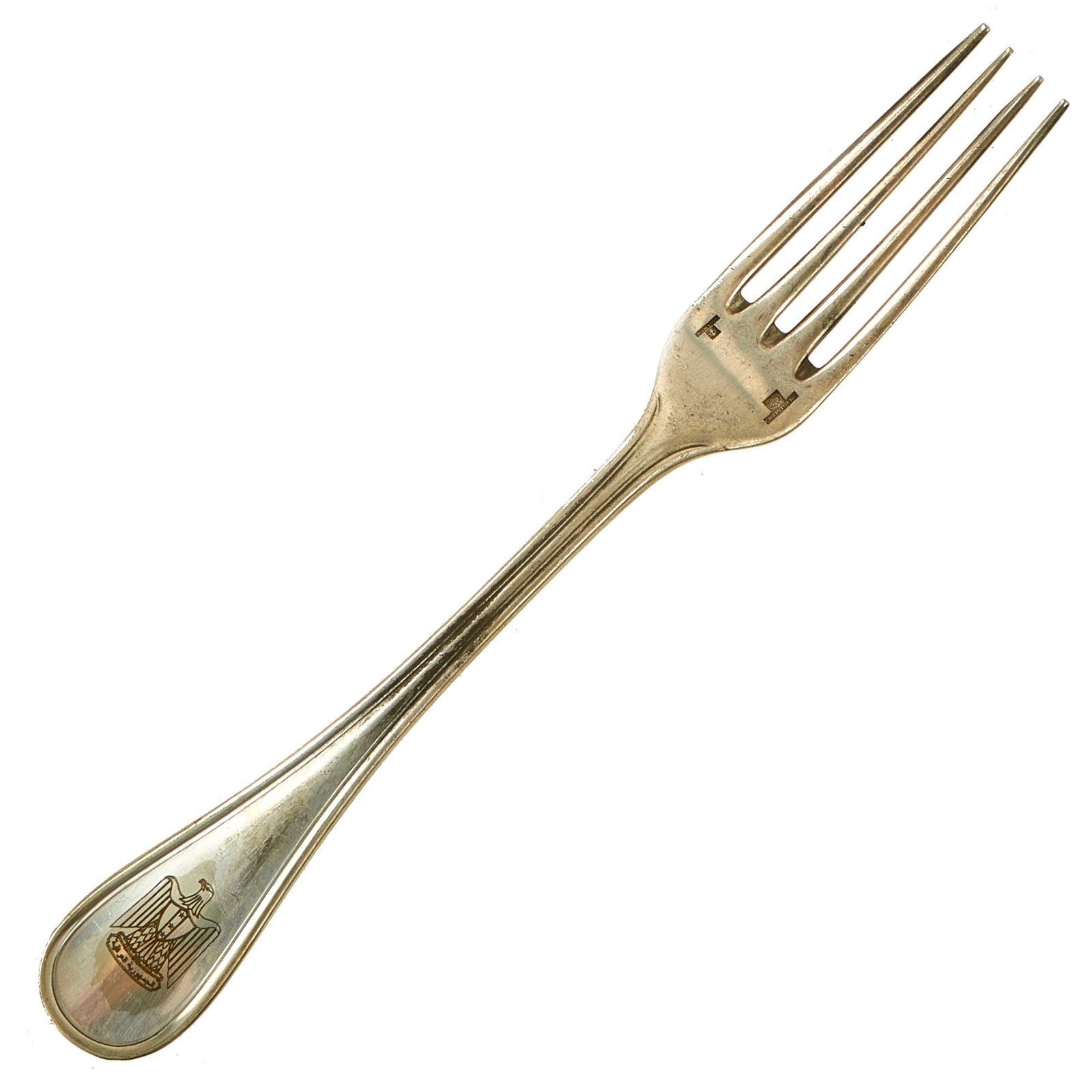 Buy Original Iraq War Saddam Hussein Silver Plated Oval Pattern Fork with Iraq Coat of Arms - Manufactured by Christofle of France | Original Firearms Antique For Sale