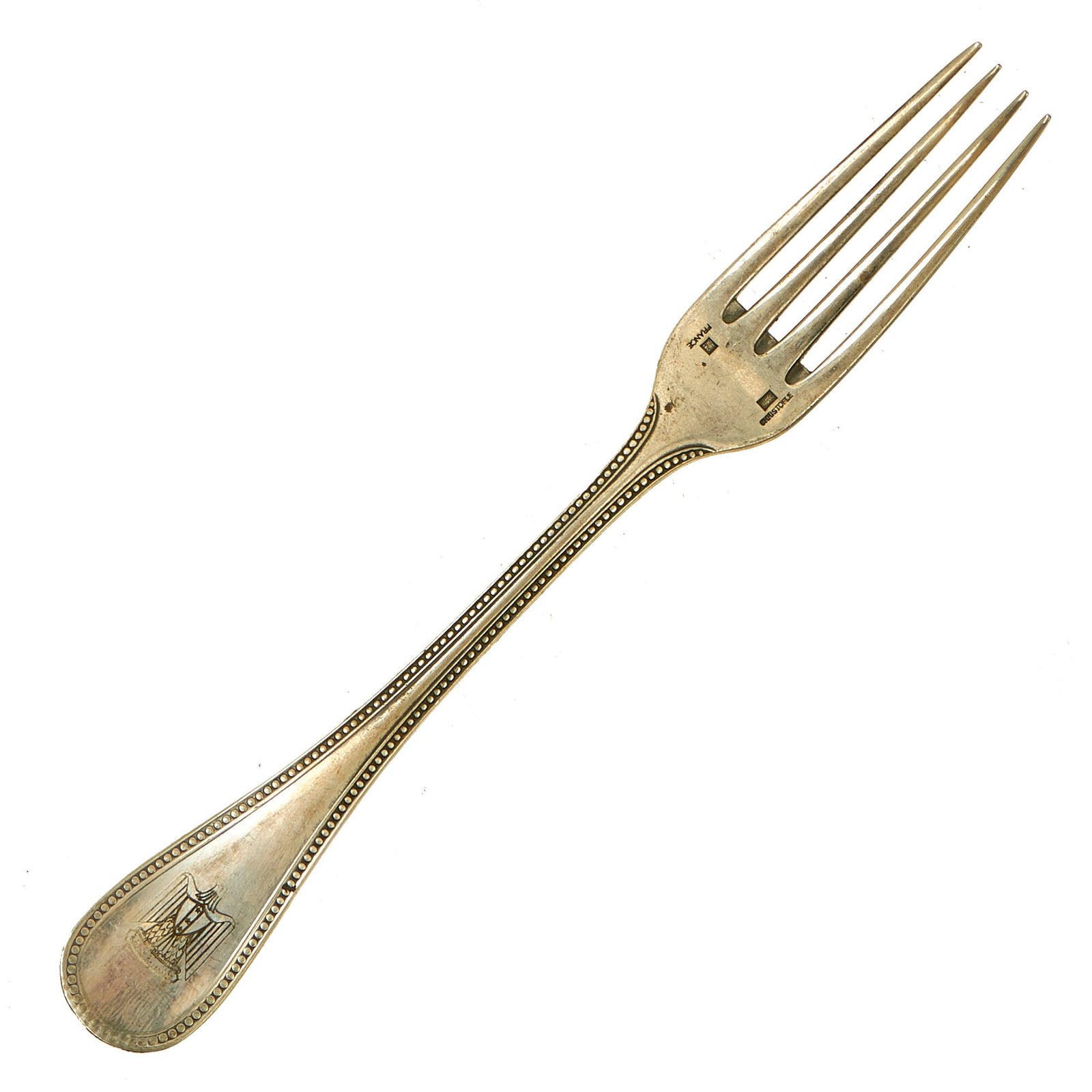 Buy Original Iraq War Saddam Hussein Silver Plated Oval Pattern Fork with Iraq Coat of Arms - Manufactured by Christofle of France | Original Firearms Antique For Sale