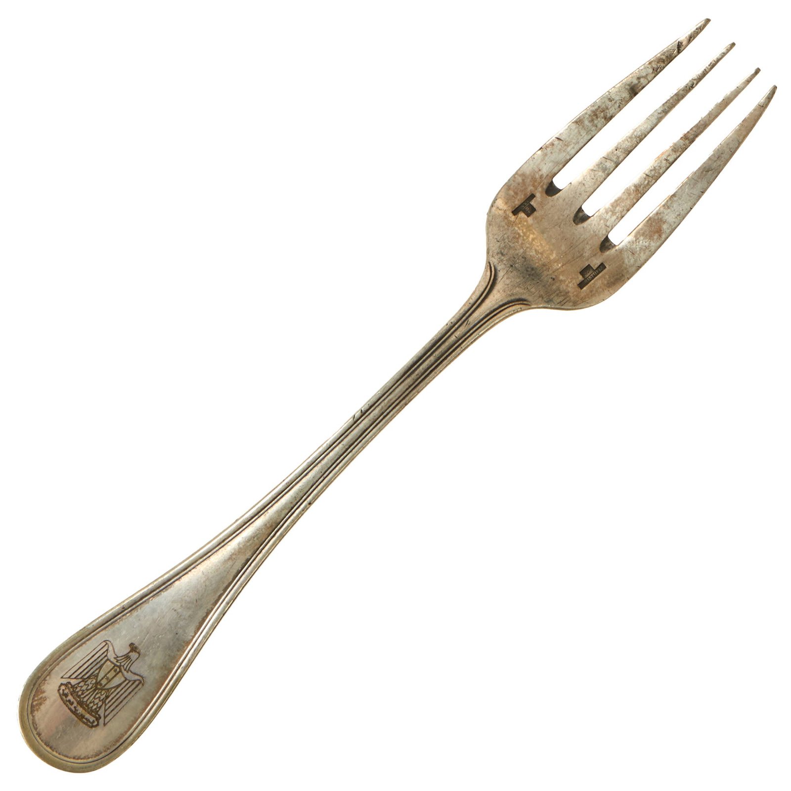 Buy Original Iraq War Saddam Hussein Silver Plated Oval Pattern Salad Fork with Iraq Coat of Arms - Manufactured by Christofle of France | Original Firearms Antique For Sale
