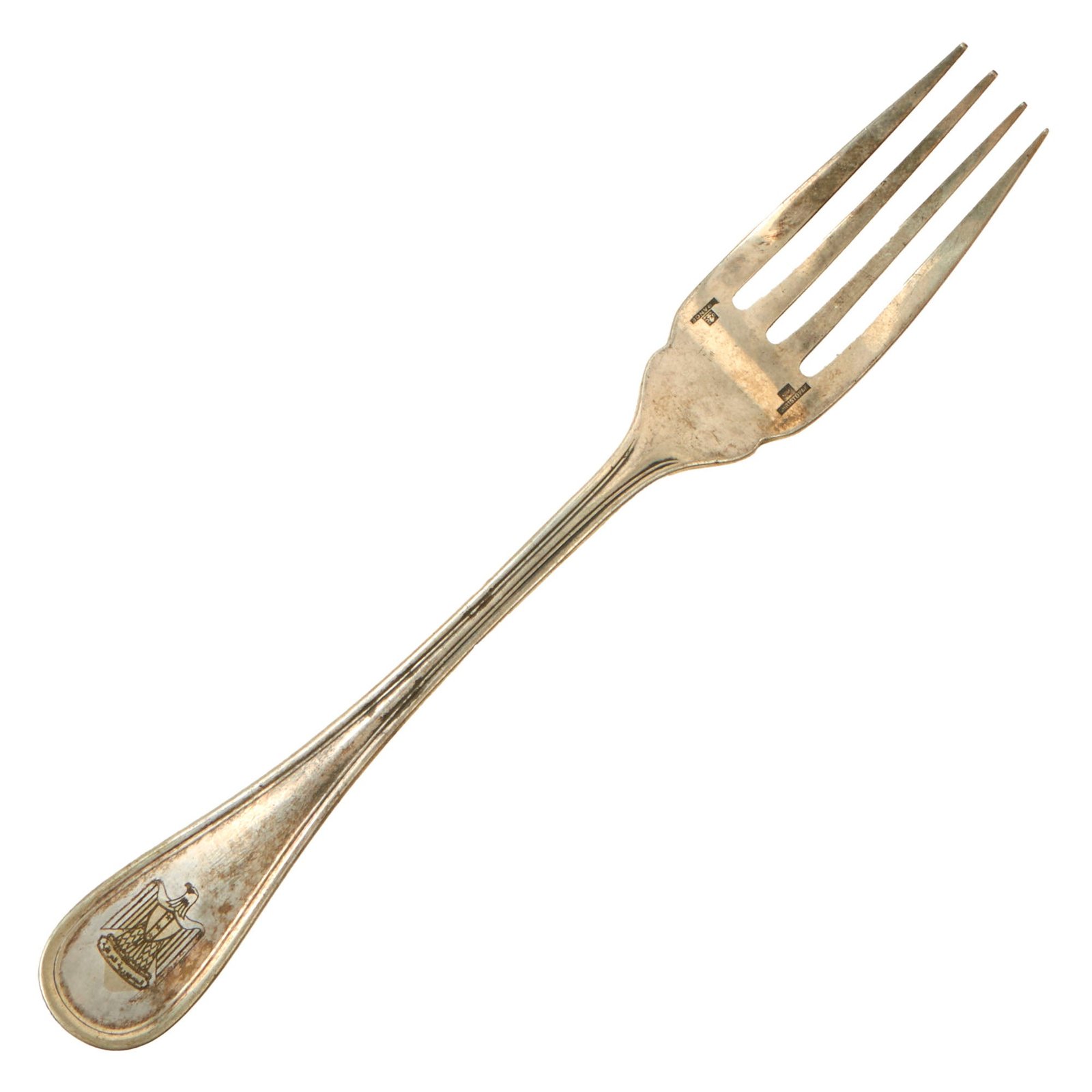Buy Original Iraq War Saddam Hussein Silver Plated Oval Pattern Lunch Fork with Iraq Coat of Arms - Manufactured by Christofle of France | Original Firearms Antique For Sale