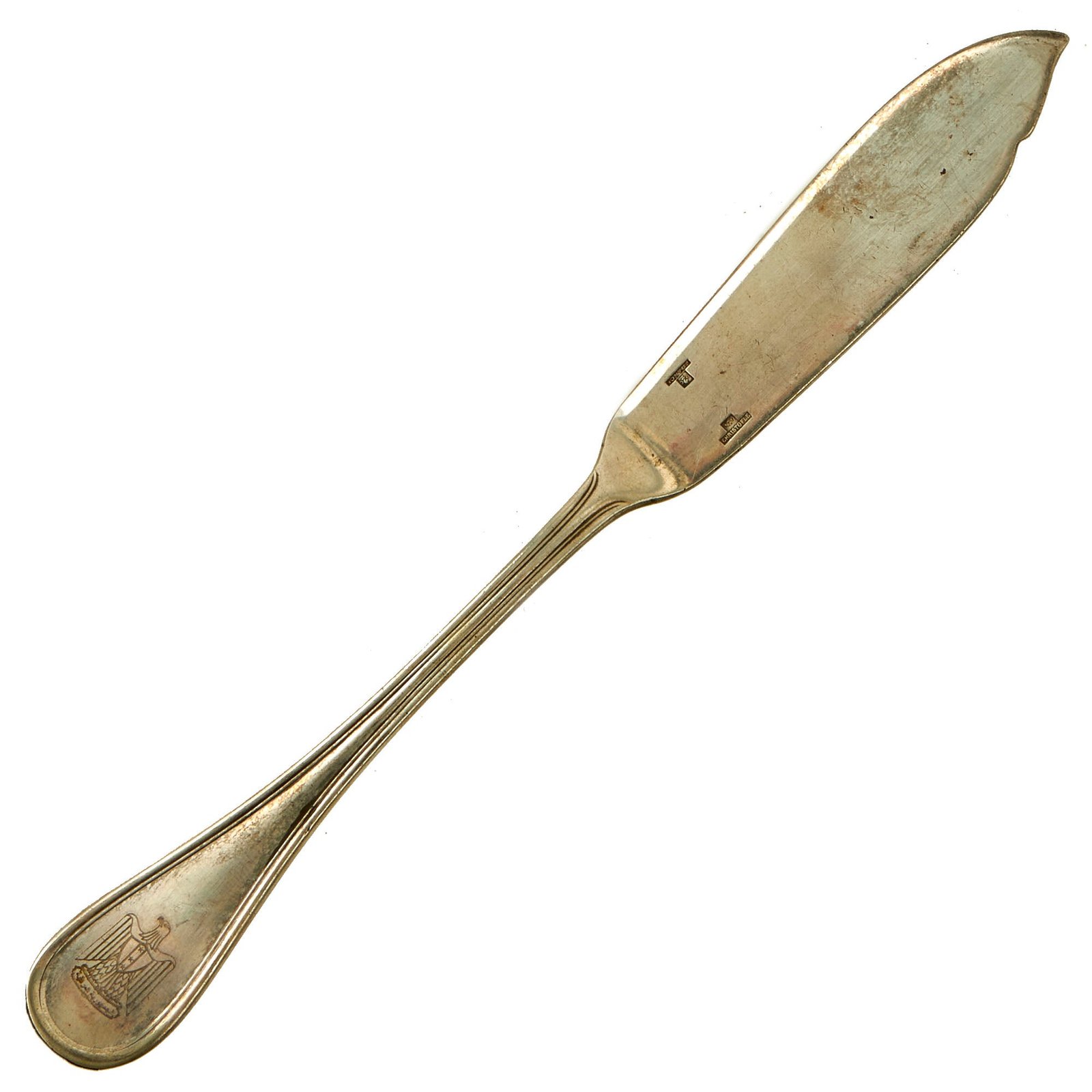 Buy Original Iraq War Saddam Hussein Silver Plated Oval Pattern Fish Knife with Iraq Coat of Arms - Manufactured by Christofle of France | Original Firearms Antique For Sale