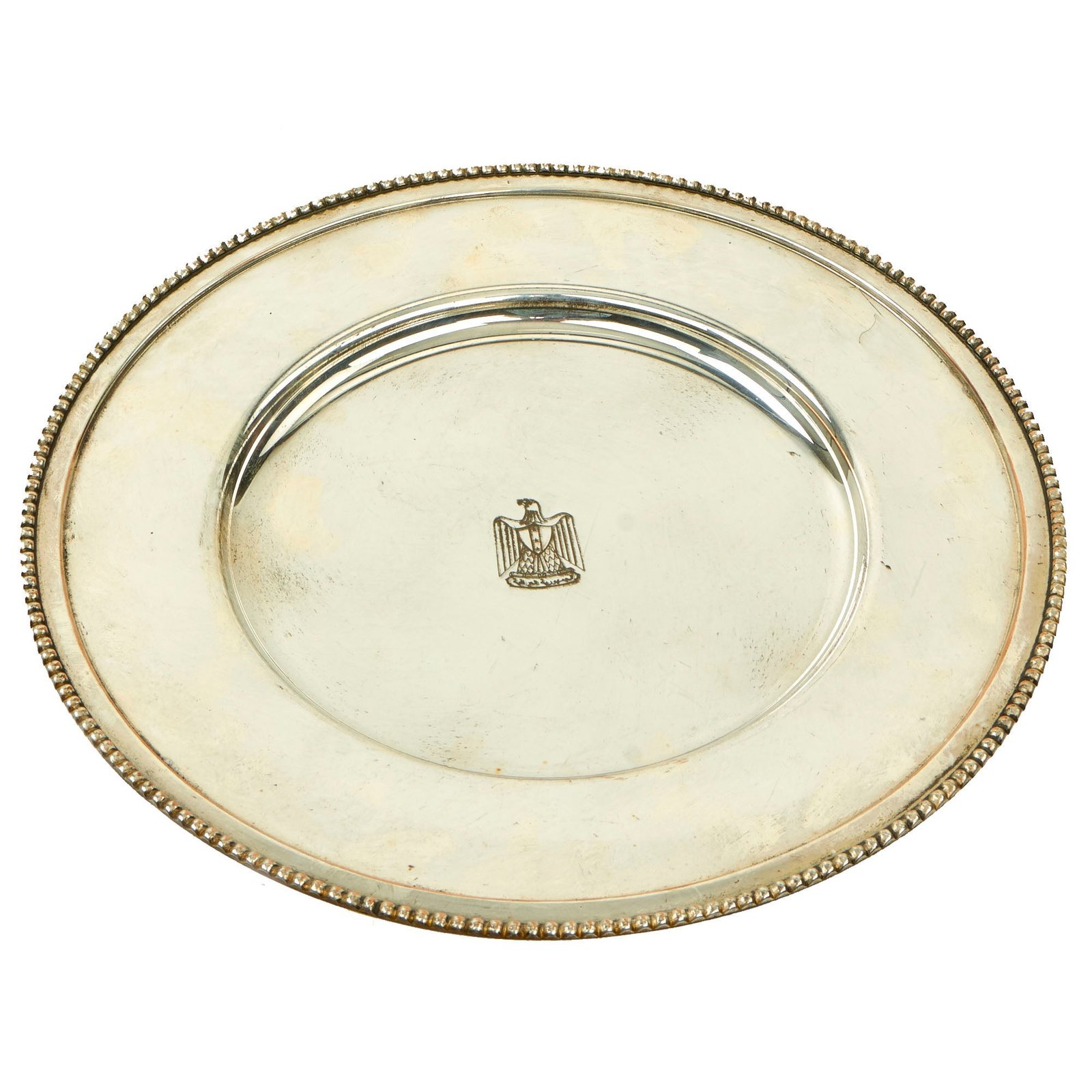Buy Original Iraq War Saddam Hussein Silver Plated Formal Pattern Serving Tray with Iraq Coat of Arms - Christofle Silver | Original Firearms Antique For Sale
