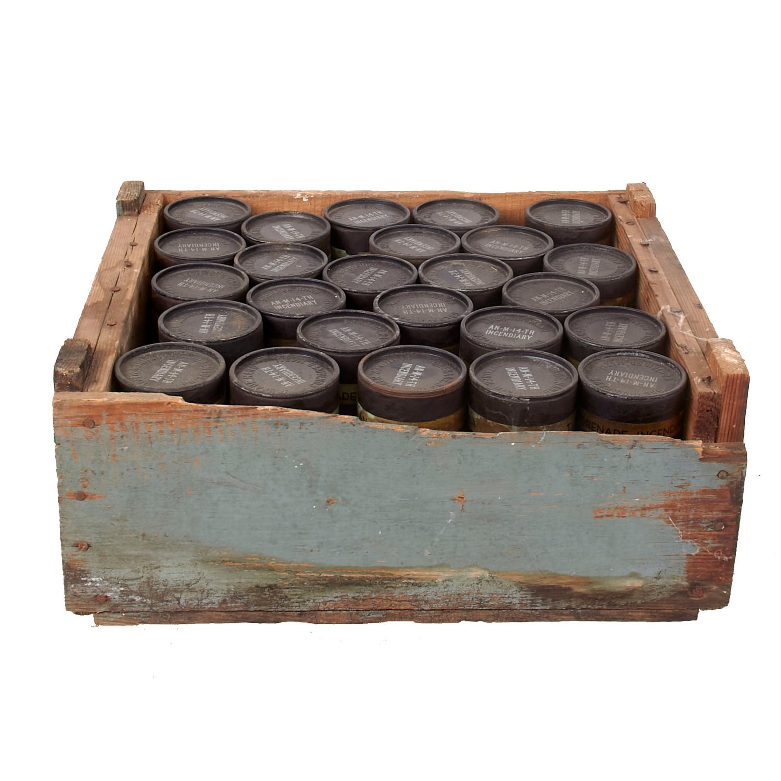 Buy Original U.S. WWII Twenty Five AN/M14 Incendiary Grenade Husks in Original Crate - Packed January 1943 | Original Firearms Antique For Sale