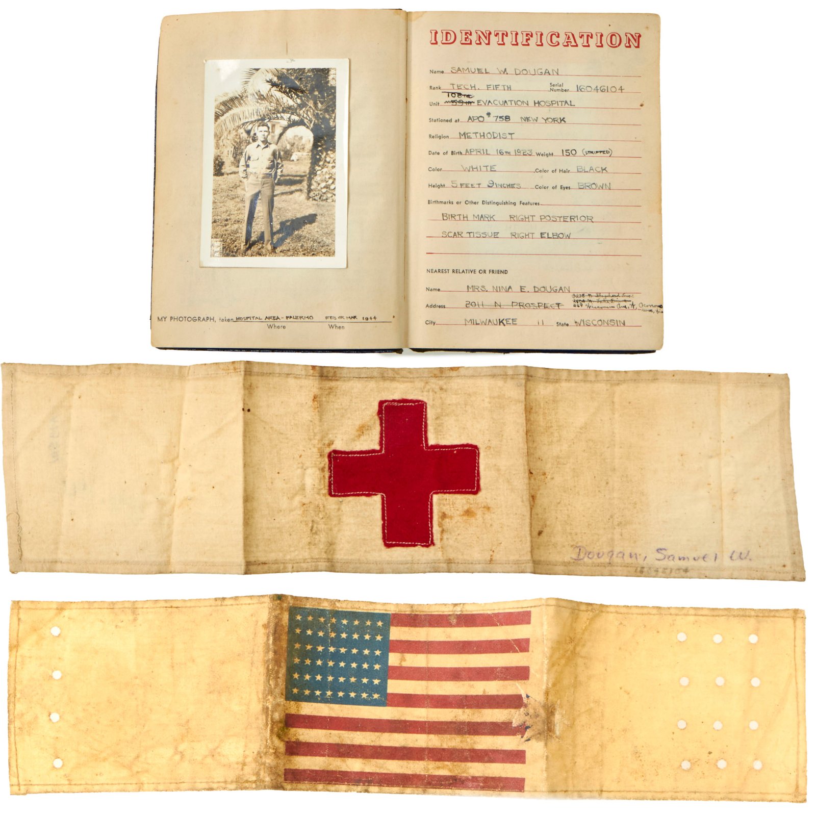 Buy Original U.S. WWII Operation Torch Allied Invasion of North Africa “Invasion” and Red Cross Armband Set With My Life In The Service Diary - Named to Technician 5th Grade Samuel W. Dougan, Military Police Battalion / Evacuation Hospital Units | Original Firearms Antique For Sale
