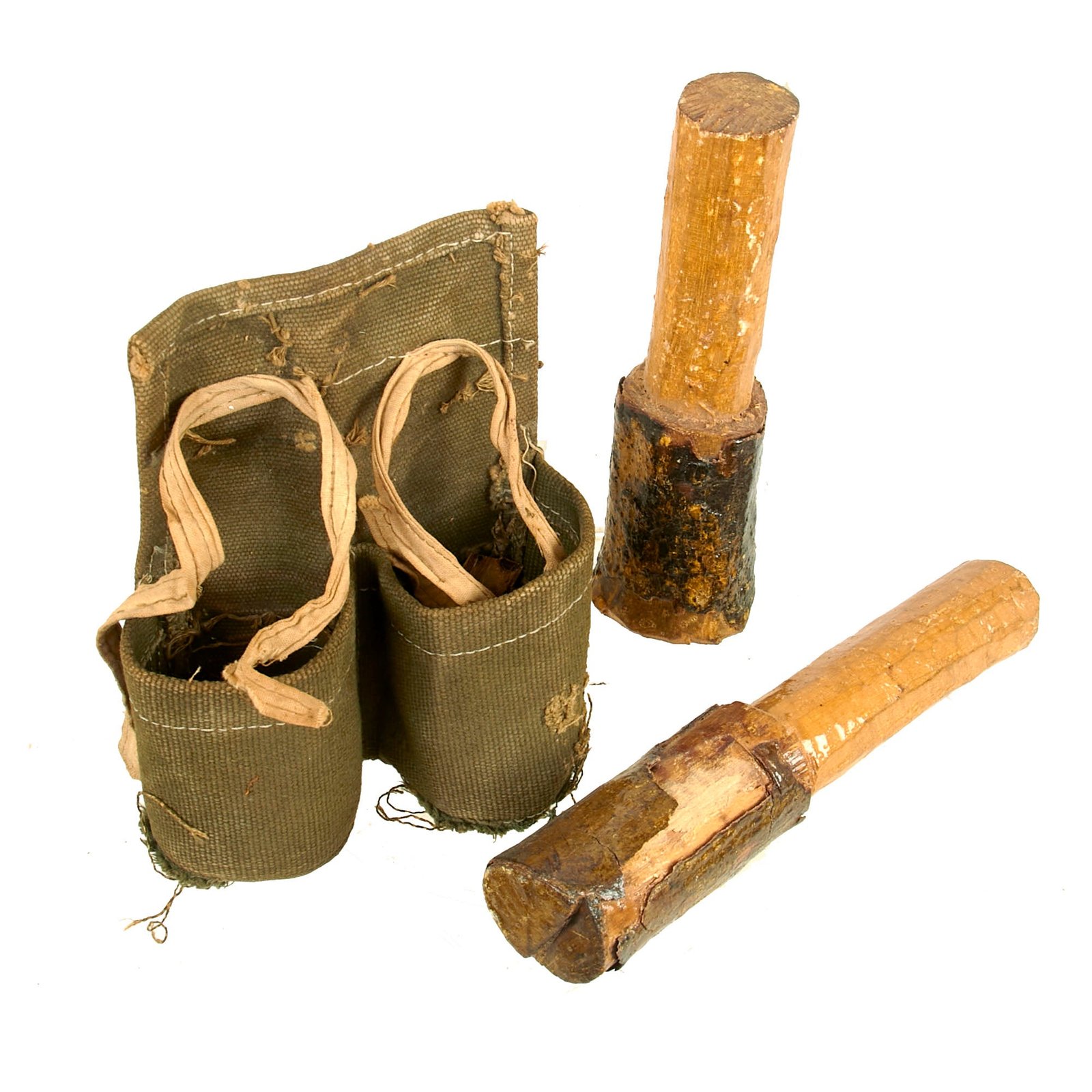 Buy Original Vietnam War NVA / VC North Vietnamese Inert Full Wooden Training ChiCom Stick Fragmentation Grenade Set with Carrier Pouch | Original Firearms Antique For Sale
