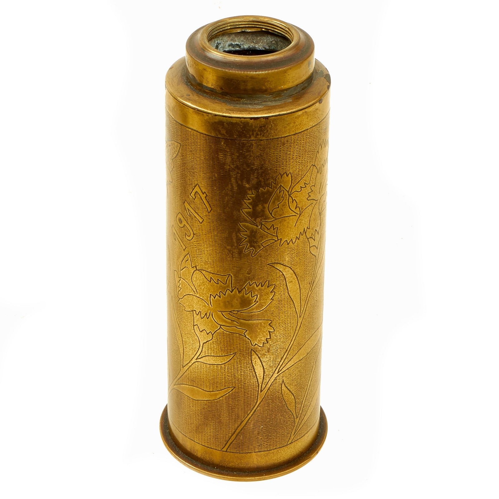 Buy Original France WWI French “Souvenir de la Guerre - 1917” Austrian Berndorf Produced 75mm Shell Casing Oil Lamp | Original Firearms Antique For Sale