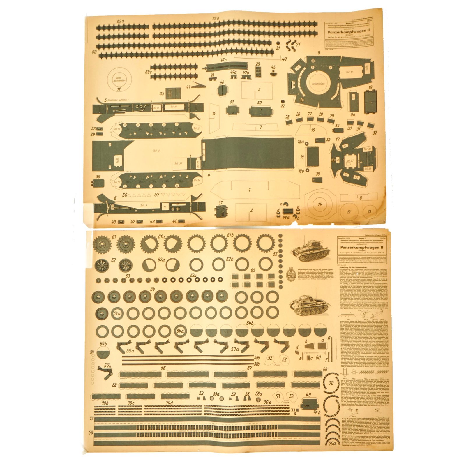 Buy Original German WWII Unused Panzerkampfwagen II 1:20 Scale Paper Model Training Set by Dr. M. Matthiesen & Co. dated 1943 - 2 Build Sheets | Original Firearms Antique For Sale