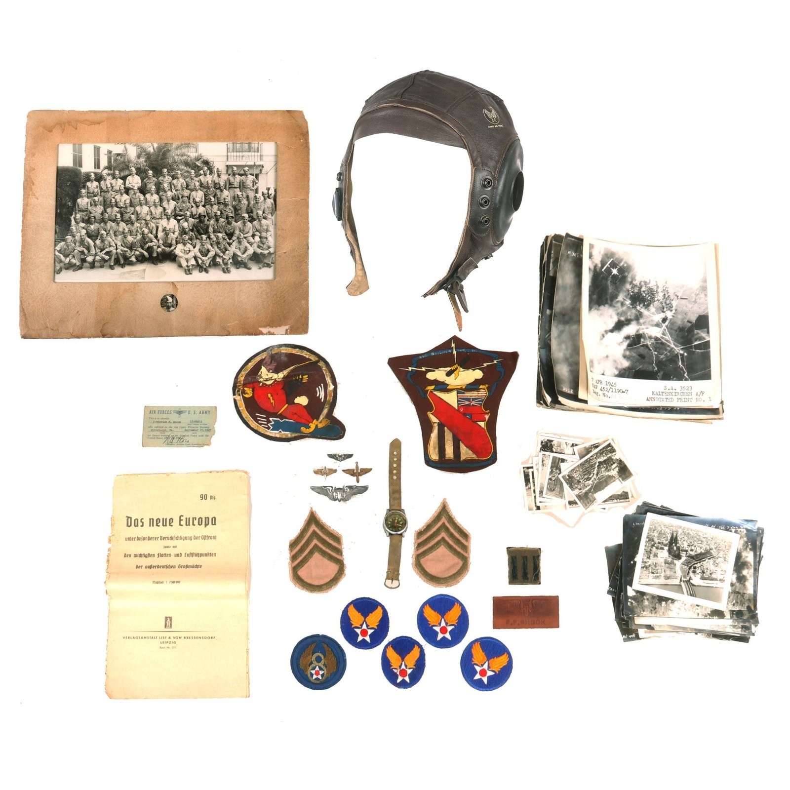 Buy Original U.S. WWII 715th Bomb Squadron Grouping - Painted Squadron & Group Patches - Flight Helmet & Ephemera | Original Firearms Antique For Sale