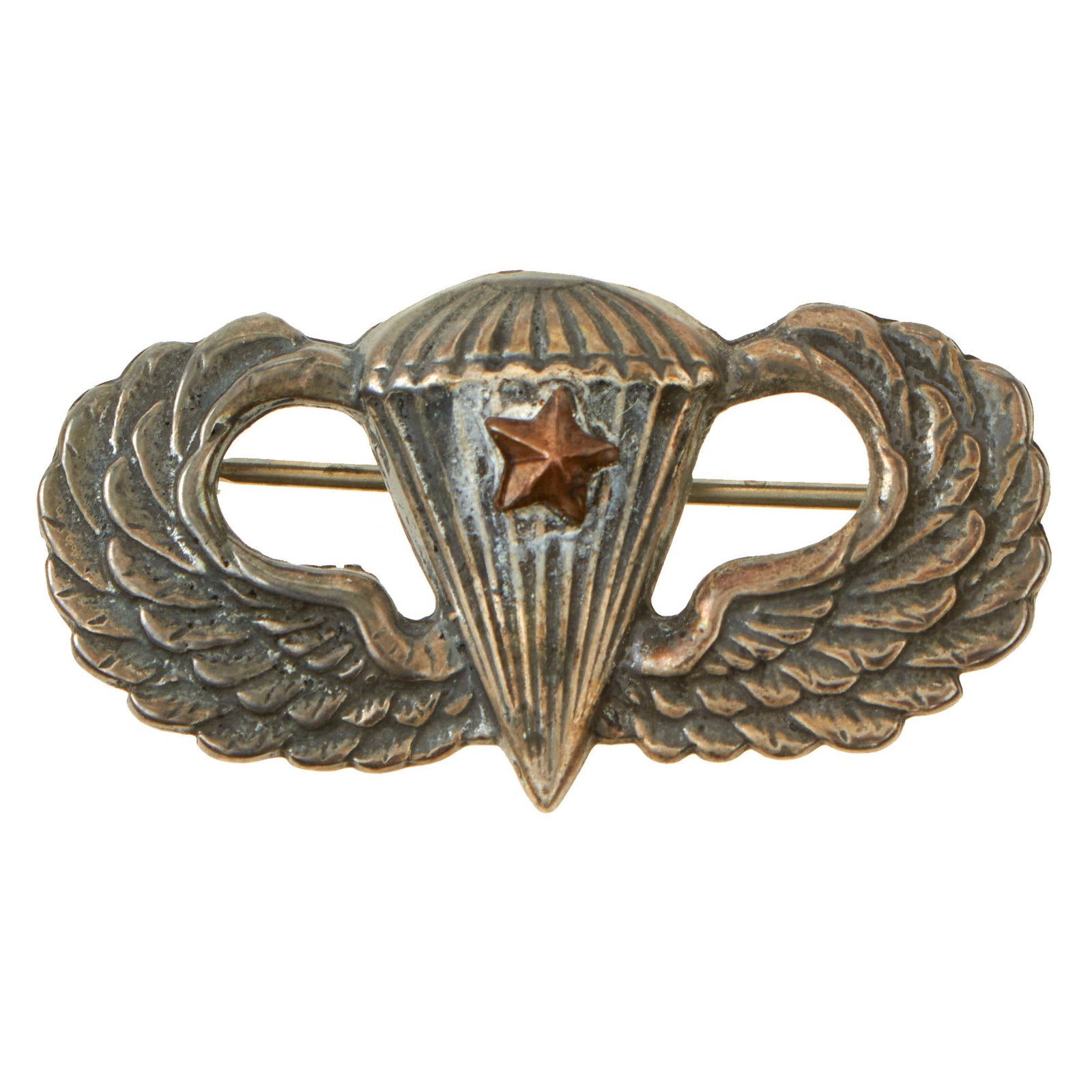 Buy Original U.S. WWII Sterling Silver Airborne Jump Wings by Meyer New York with Period-Applied Campaign Star - Pin Back Parachutist Badge | Original Firearms Antique For Sale