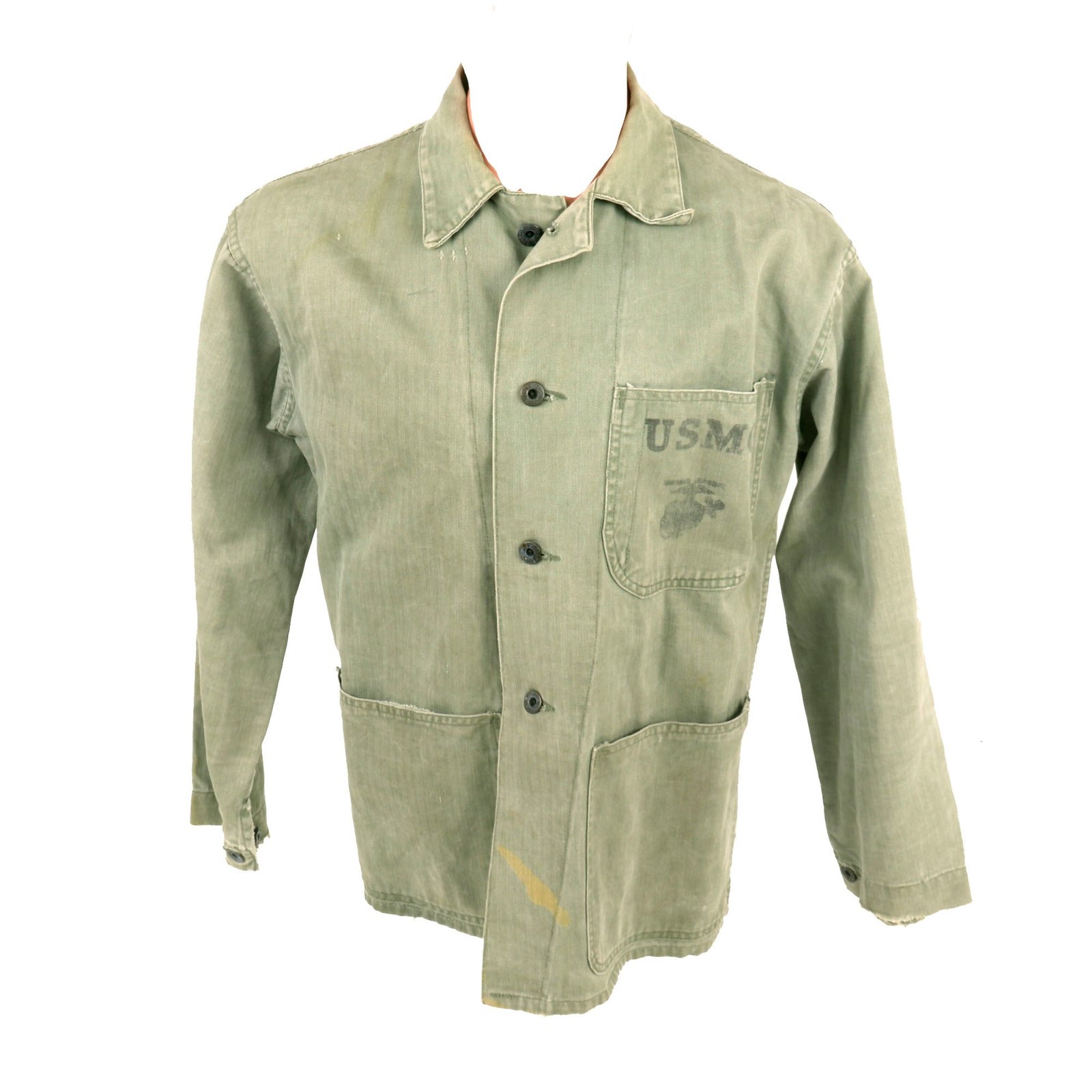 Buy Original U.S. WWII USMC HBT Herringbone Twill P44 Combat Field Utility Jacket with Initials - Size 36 | Original Firearms Antique For Sale