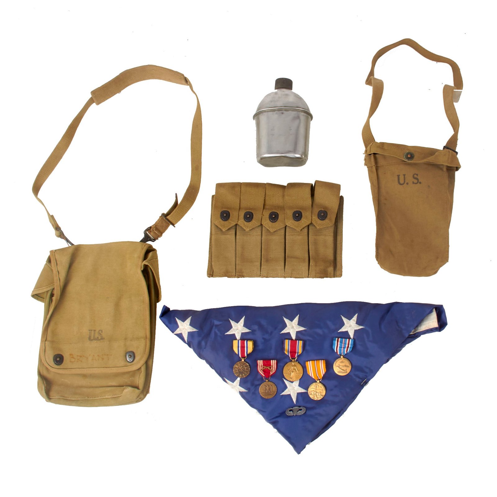 Buy Original U.S. WWII Field Gear Lot - Burial Flag with Attached Medals & Paratrooper Wings, Map Case - 5 Items Total | Original Firearms Antique For Sale