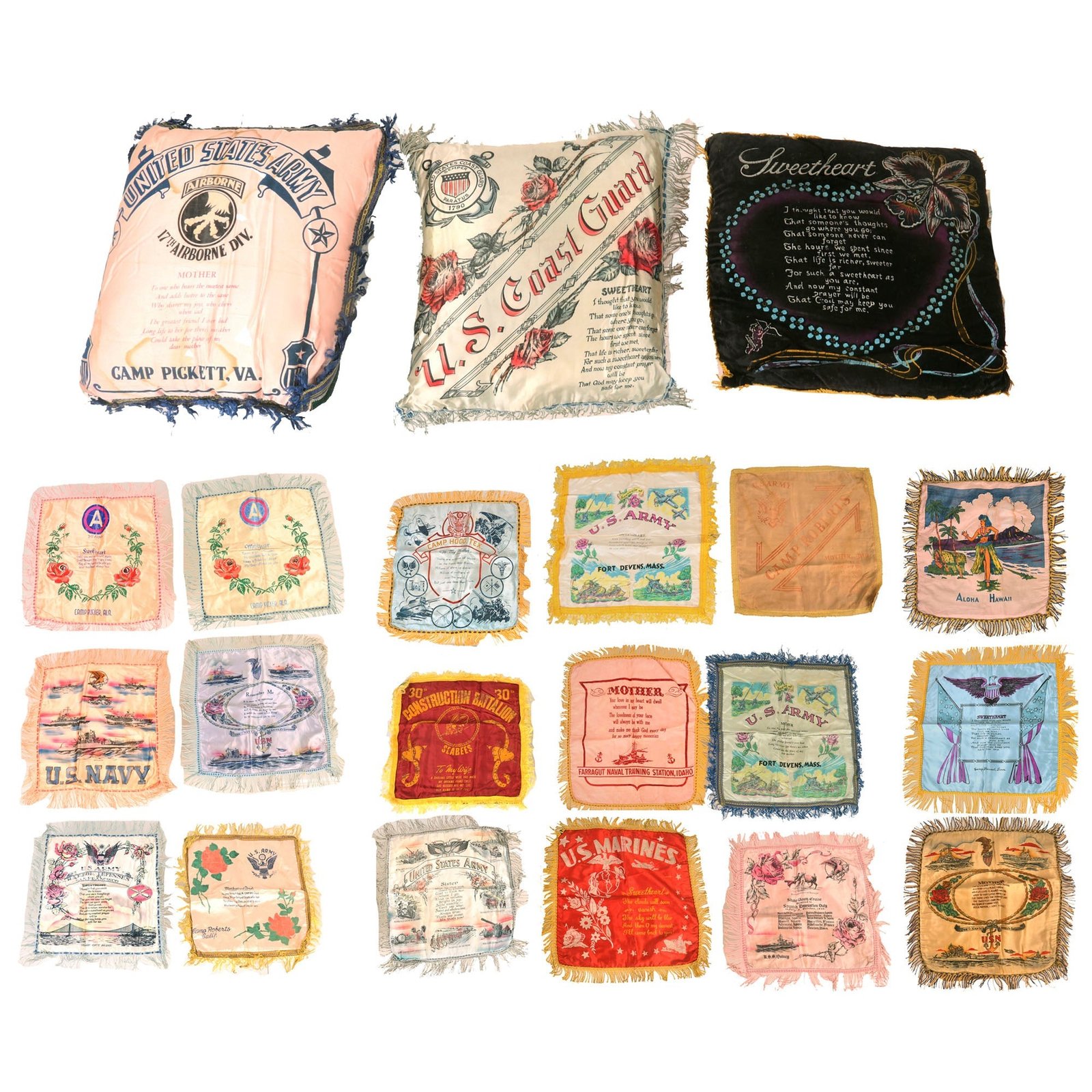 Buy Original U.S. WWII Lot of Souvenir Pillows & Pillowcases - 3 Pillows & 18 Pillowcases | Original Firearms Antique For Sale
