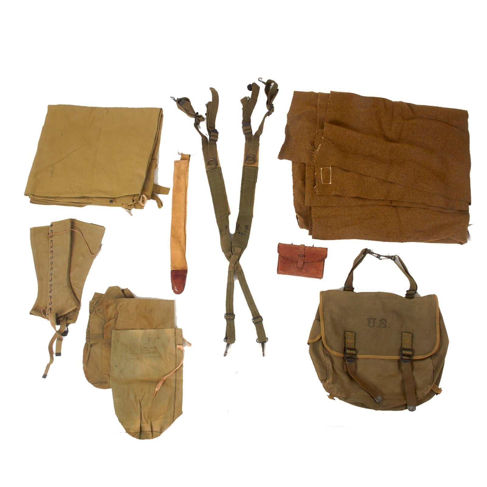 Buy Original U.S. WWII Field Gear Lot - Shelter Half & M1905 Bayonet Scabbard Cover - 8 Items Total | Original Firearms Antique For Sale