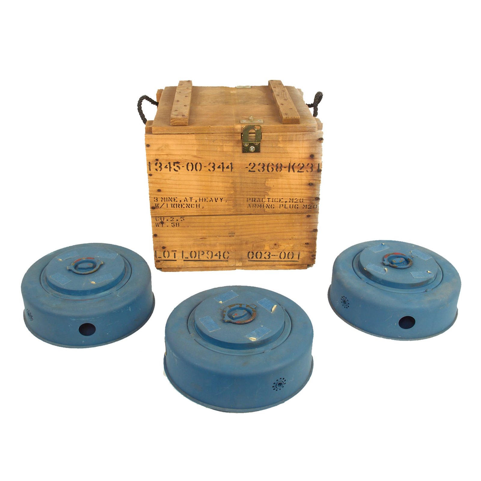 Buy Original U.S. Pre-Vietnam War Inert Mine Anti-Tank Heavy Practice M20 Set of Three with Wood Transit Chest | Original Firearms Antique For Sale