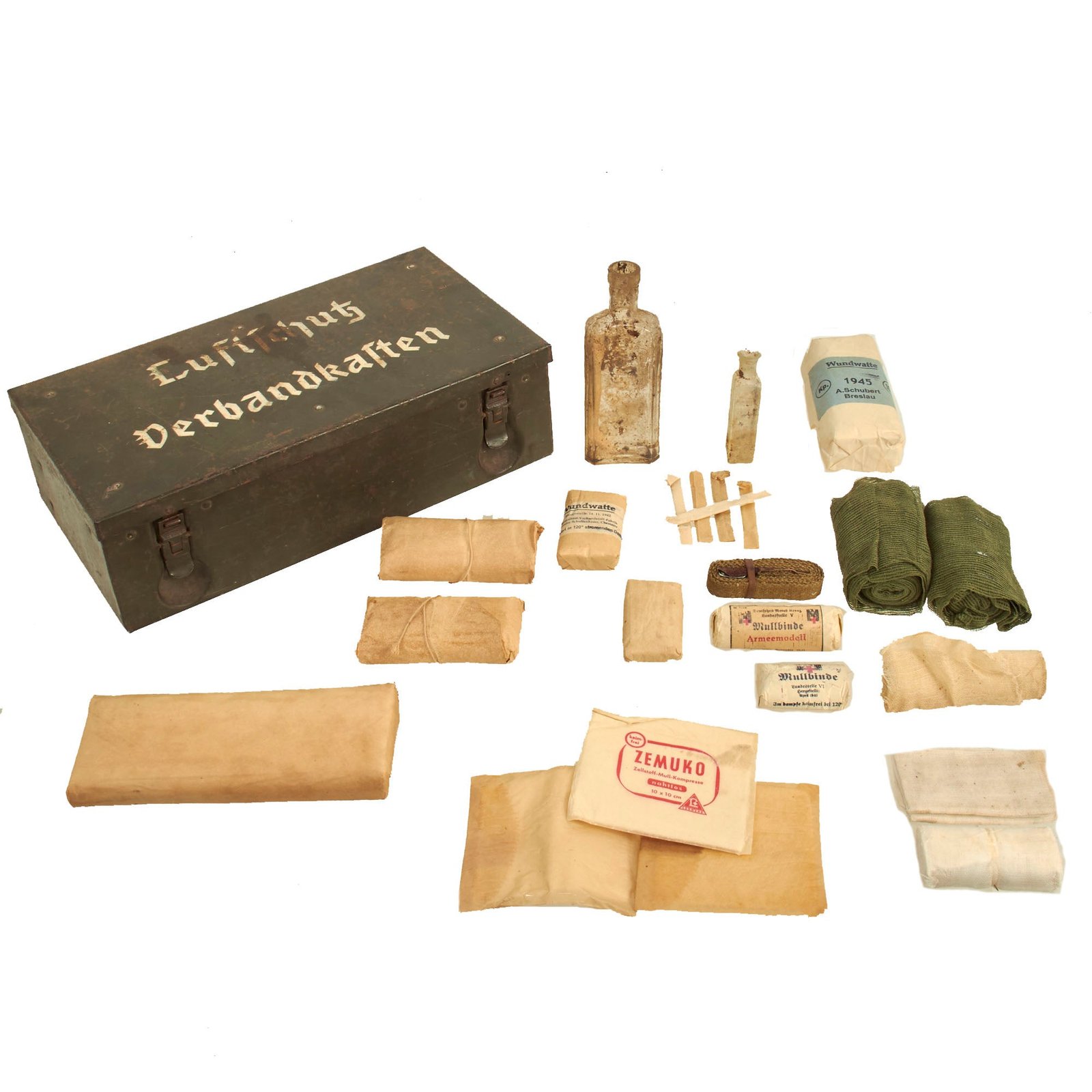 Buy Original German WWII Luftschutz Verbandkasten Medic First Aid Set in Feldgrau Steel Chest with WWII Dated Contents | Original Firearms Antique For Sale