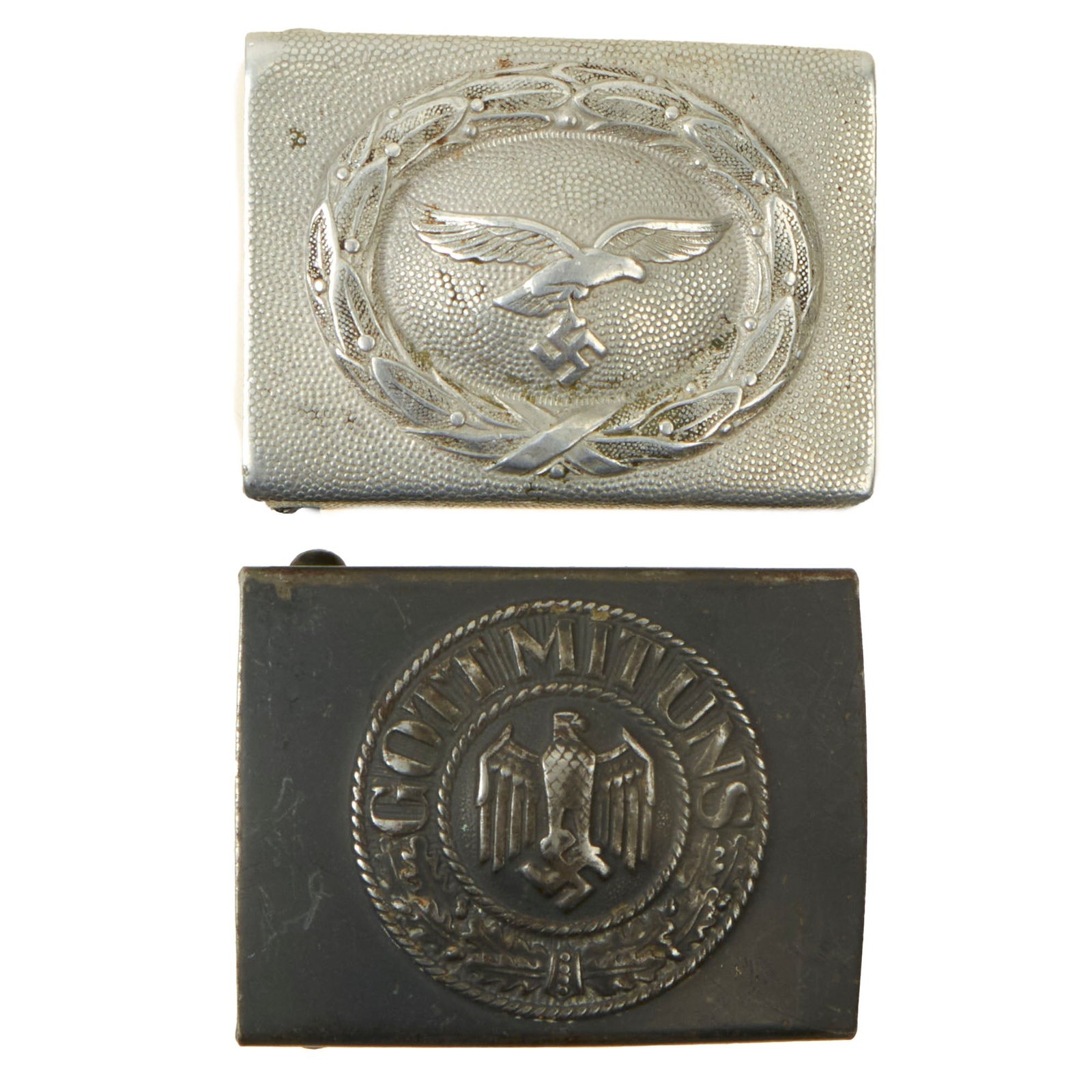 Buy Original German WWII Set of Two EM/NCO Belt Buckles - One Pebbled Aluminum Luftwaffe and One Kriegsmarine Coastal Artillery | Original Firearms Antique For Sale