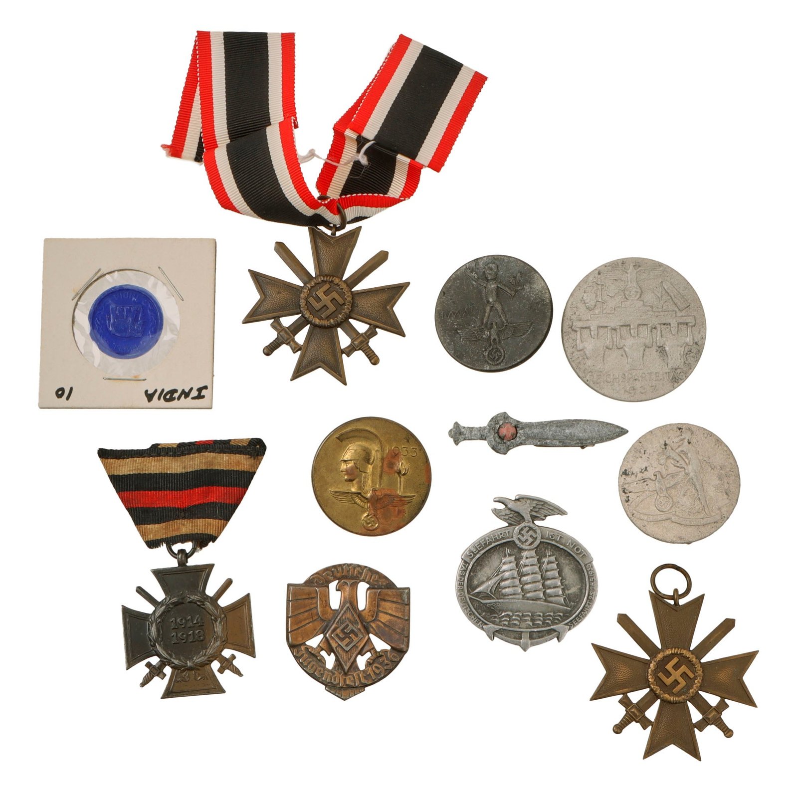 Original German WWI - WWII Award and Tinnie Grouping with Two KvKII, Hindenburg Cross, & More - 11 Items