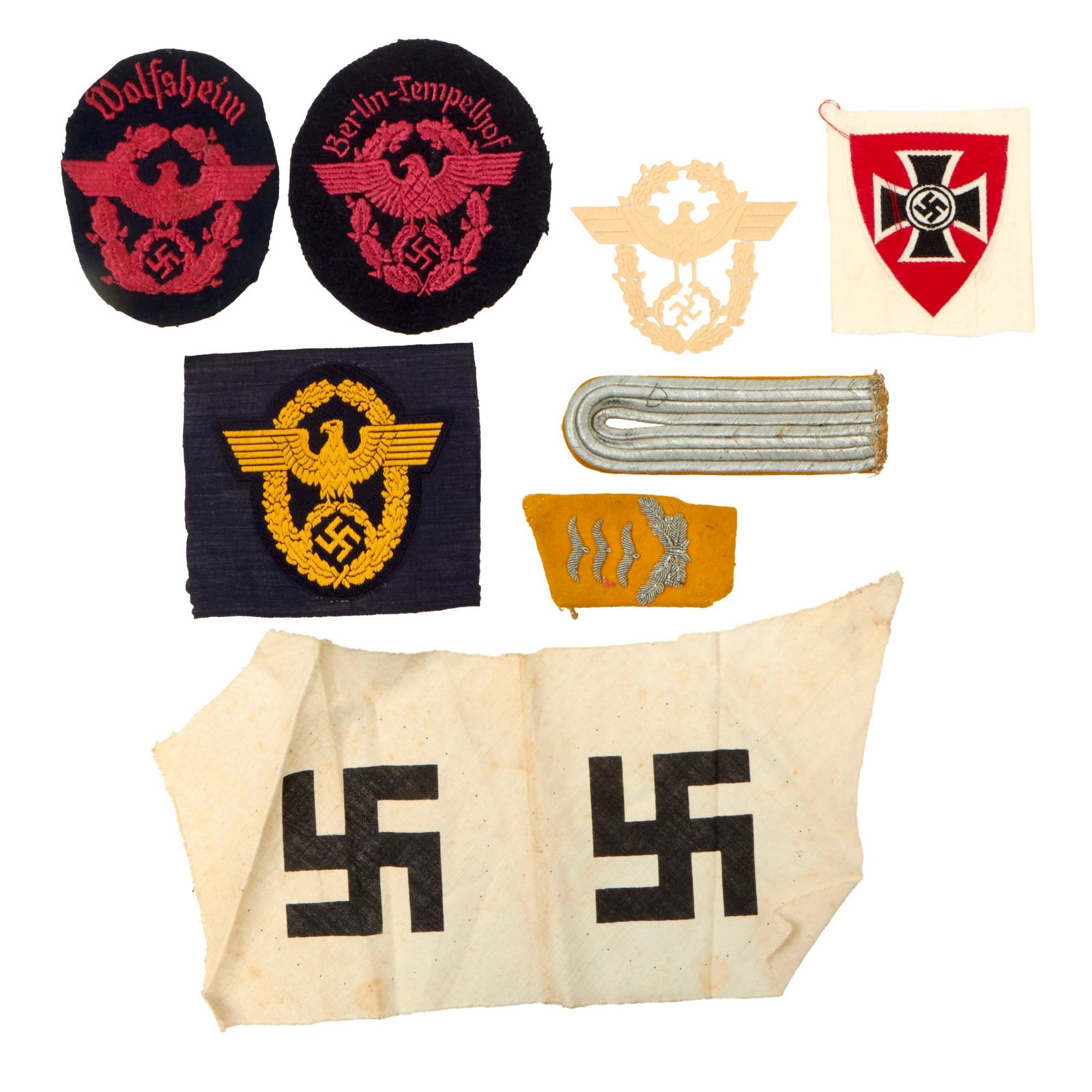 Buy Original German WWII Patch and Insignia Grouping with Police Sleeve Eagles and More - 8 Items | Original Firearms Antique For Sale