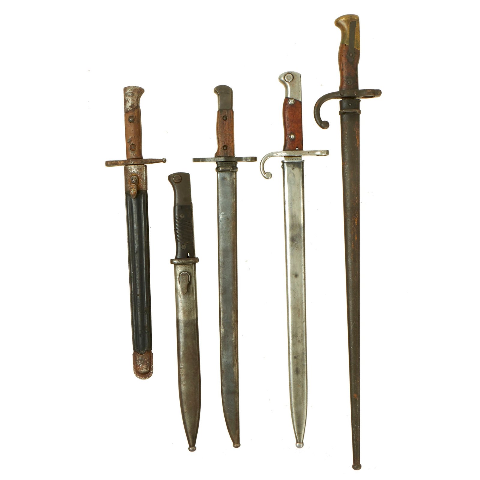 Buy Original Pre WWI to WWII Era Bayonet Collections Featuring WWII German and Japanese Bayonets All With Scabbards - 5 Items | Original Firearms Antique For Sale