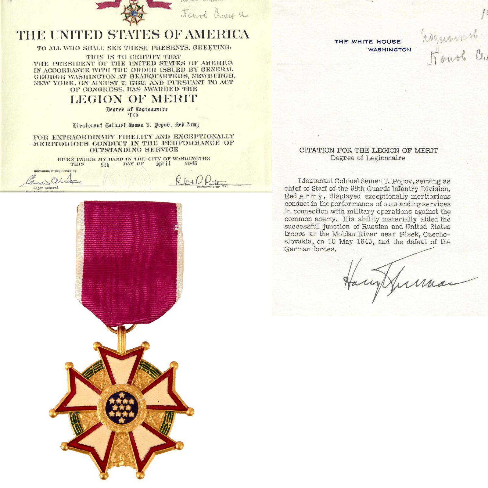 Original U.S. WWII Legion of Merit Awarded to Soviet Lieutenant Colonel Semen I. Popov with Citation Signed by President Truman