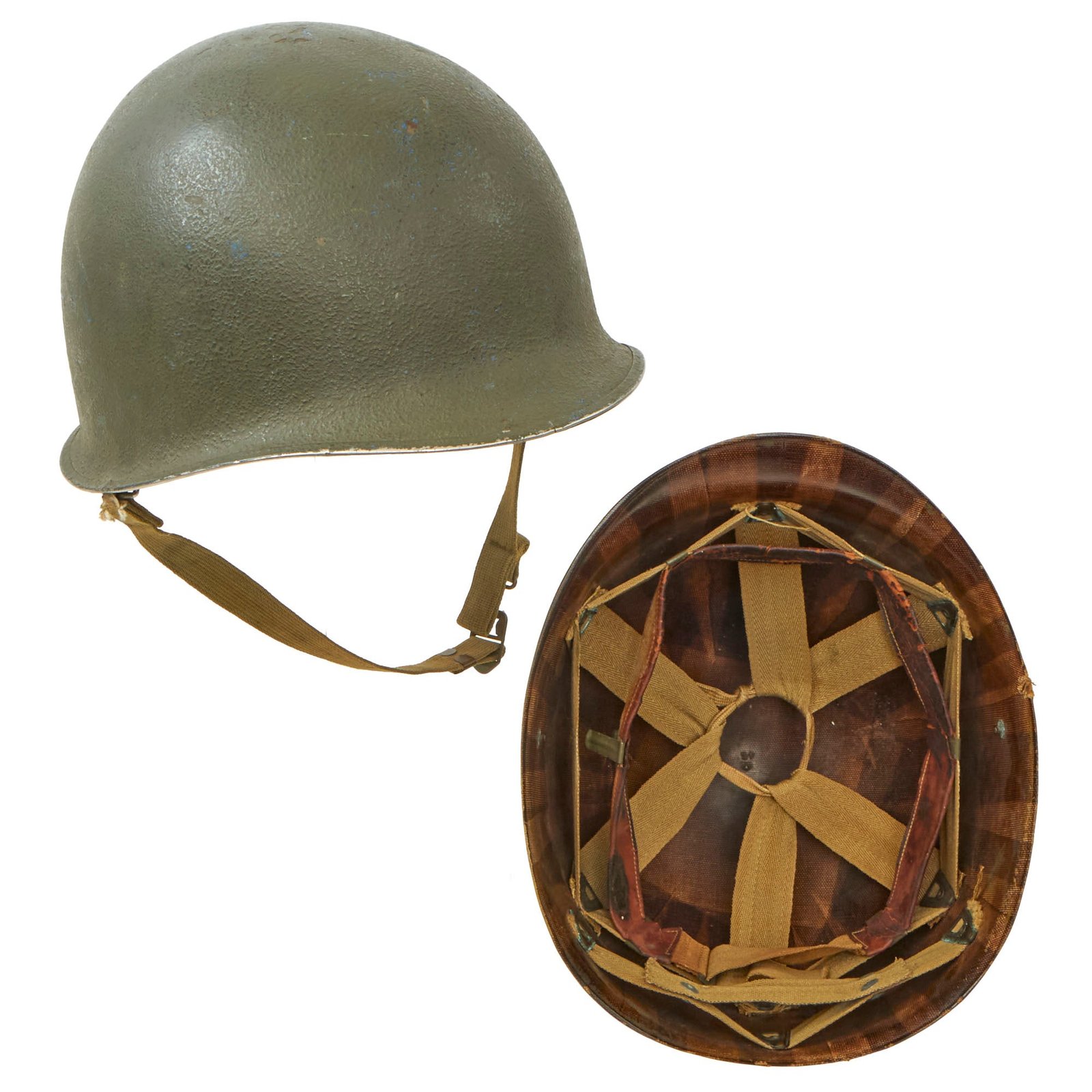 Buy Original U.S. WWII 1943 M1 McCord Front Seam Fixed Bale Helmet with Camouflage Painted Firestone Liner | Original Firearms Antique For Sale