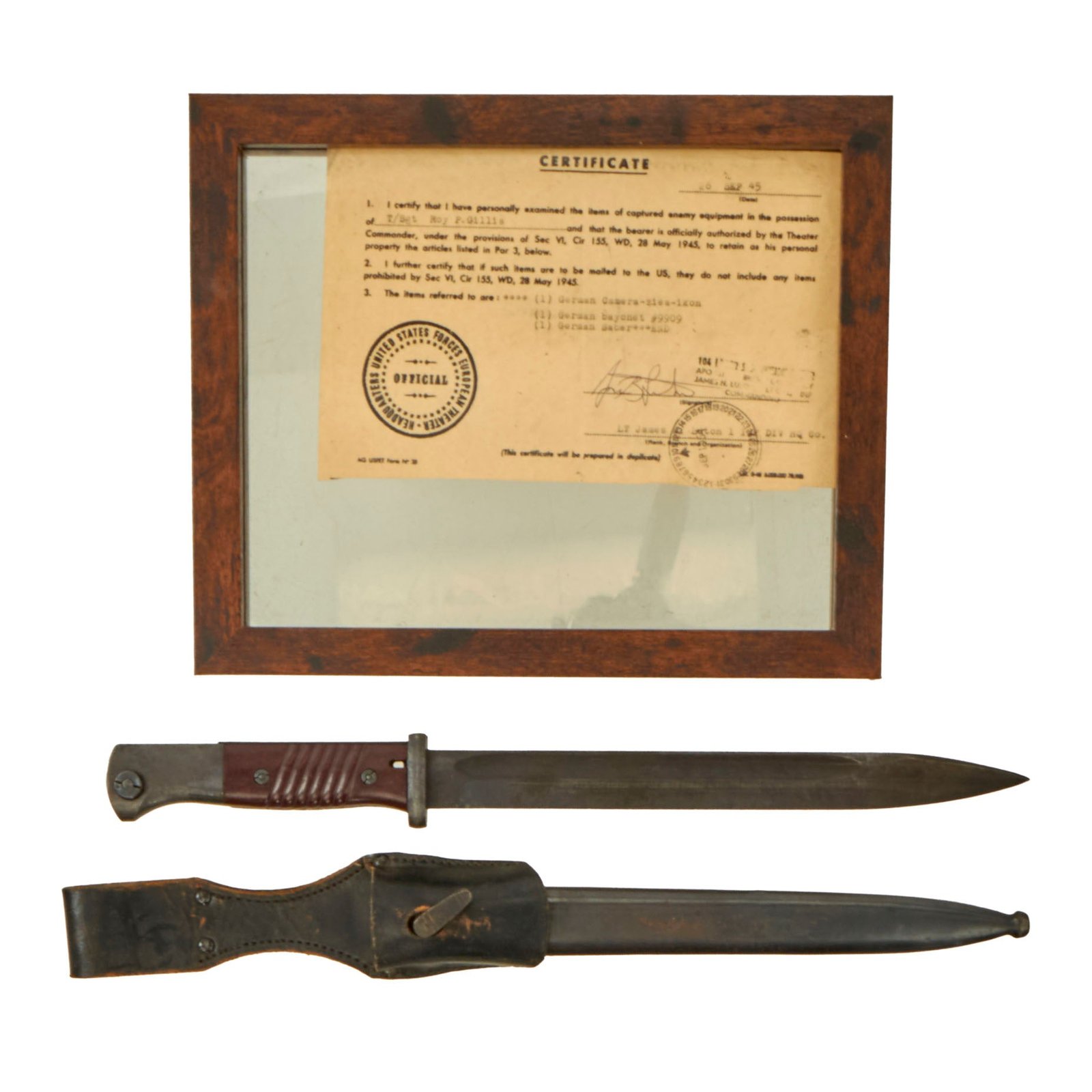 Original German WWII Documented USGI Bring Back 98k 1944 dated Bayonet by Carl Eickhorn with Re-worked WWI Scabbard and Frog