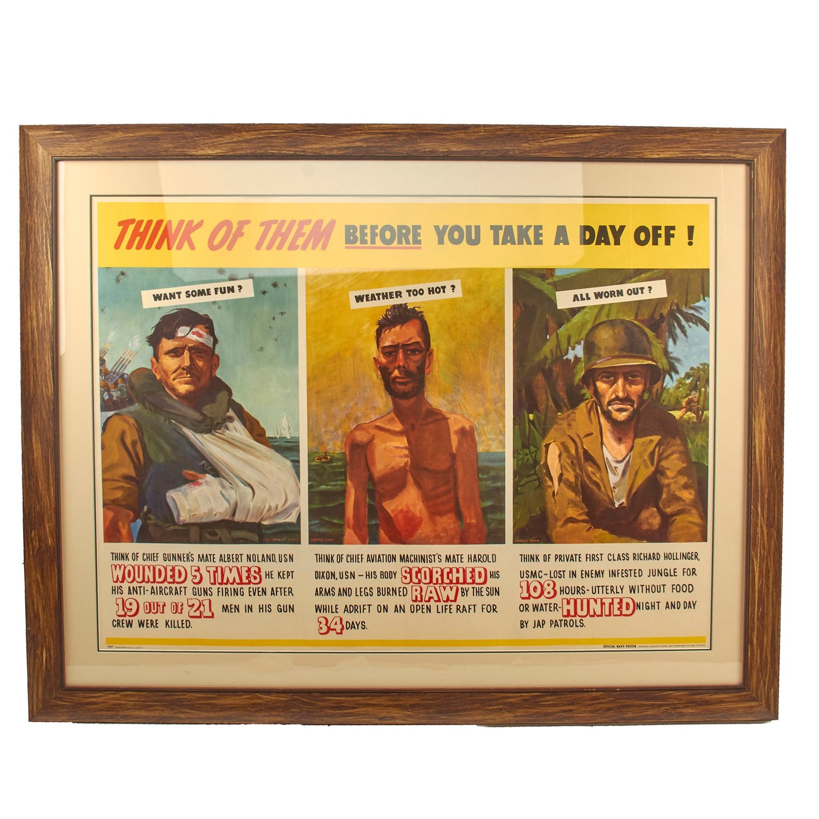 Buy Original U.S. WWII Framed "Think Of Them Before You Take a Day Off!" USN Industrial Incentive Propaganda Poster - 39" x 49" | Original Firearms Antique For Sale