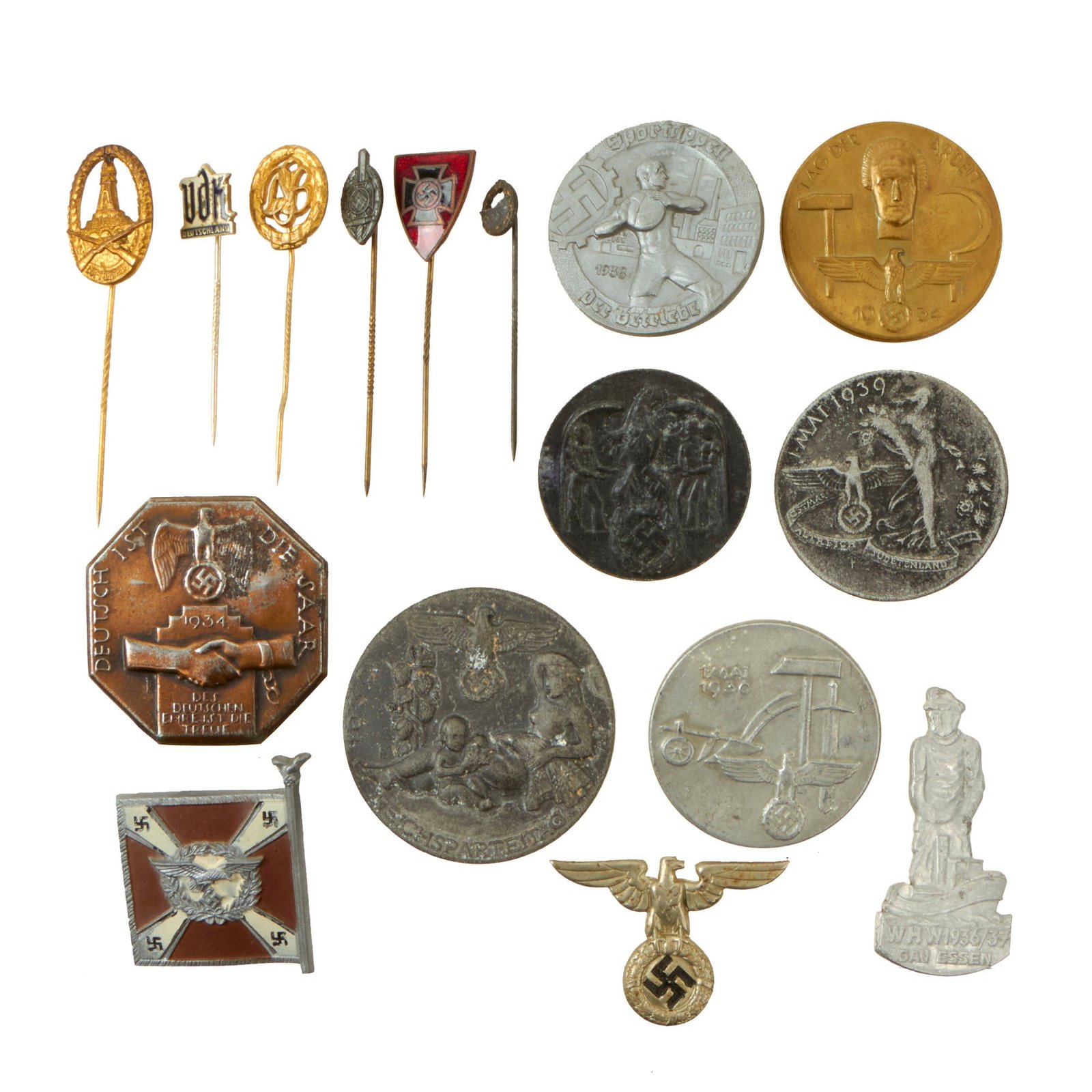 Buy Original German WWII USGI Bring Back Tinnie Event Badge and Stickpin Grouping - 16 Items | Original Firearms Antique For Sale