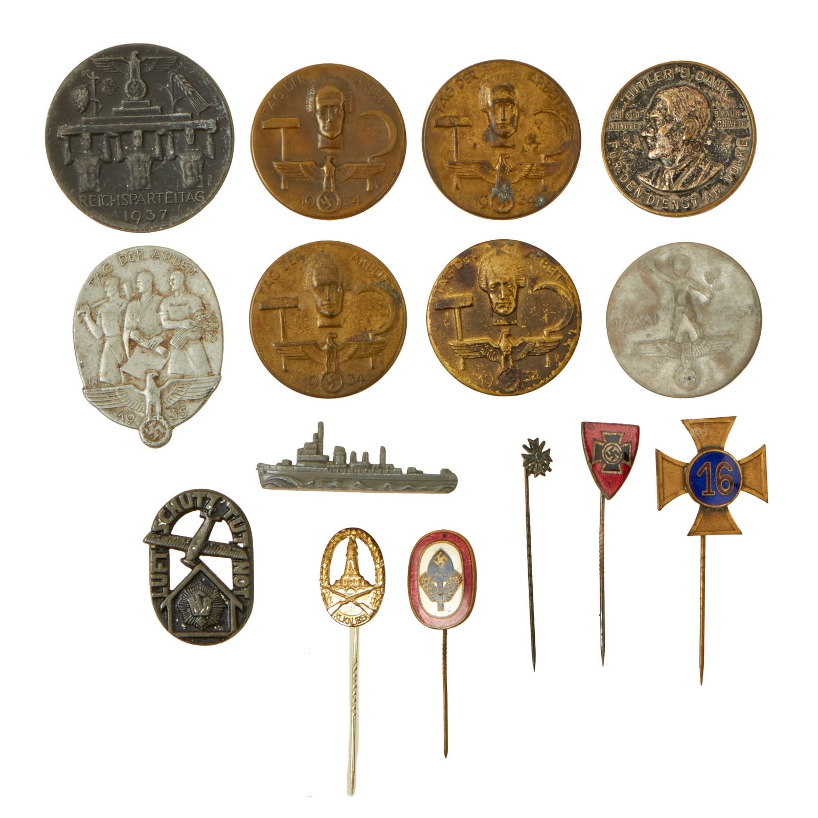 Buy Original German WWII USGI Bring Back Tinnie Event Badge and Stickpin Grouping - 15 Items | Original Firearms Antique For Sale