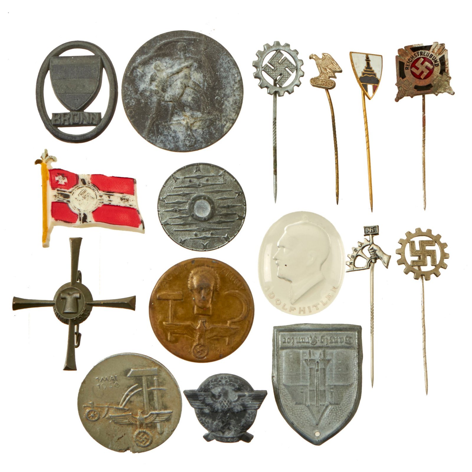 Buy Original German WWII USGI Bring Back Tinnie Event Badge and Stickpin Grouping - 16 Items | Original Firearms Antique For Sale