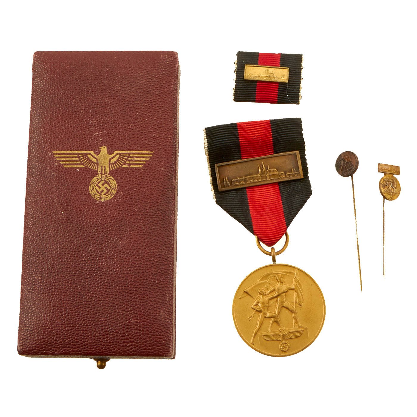 Buy Original German WWII Cased 1 October 1938 Commemorative Sudetenland Medal with Prague Castle Bar, Ribbon Pin, Mini Medal, and Stick Pin | Original Firearms Antique For Sale