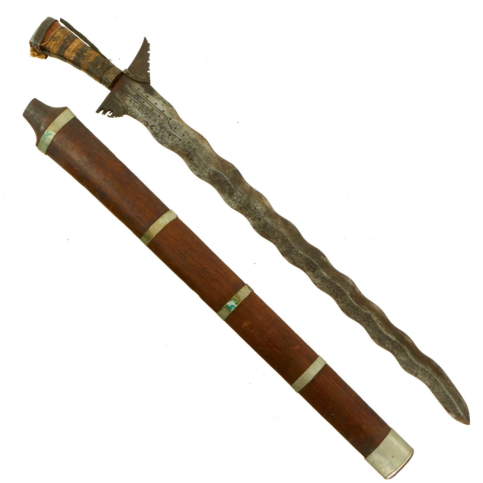 Buy Original 19th Century Philippine Moro Kris Curved Blade Short Sword with Wood Scabbard | Original Firearms Antique For Sale