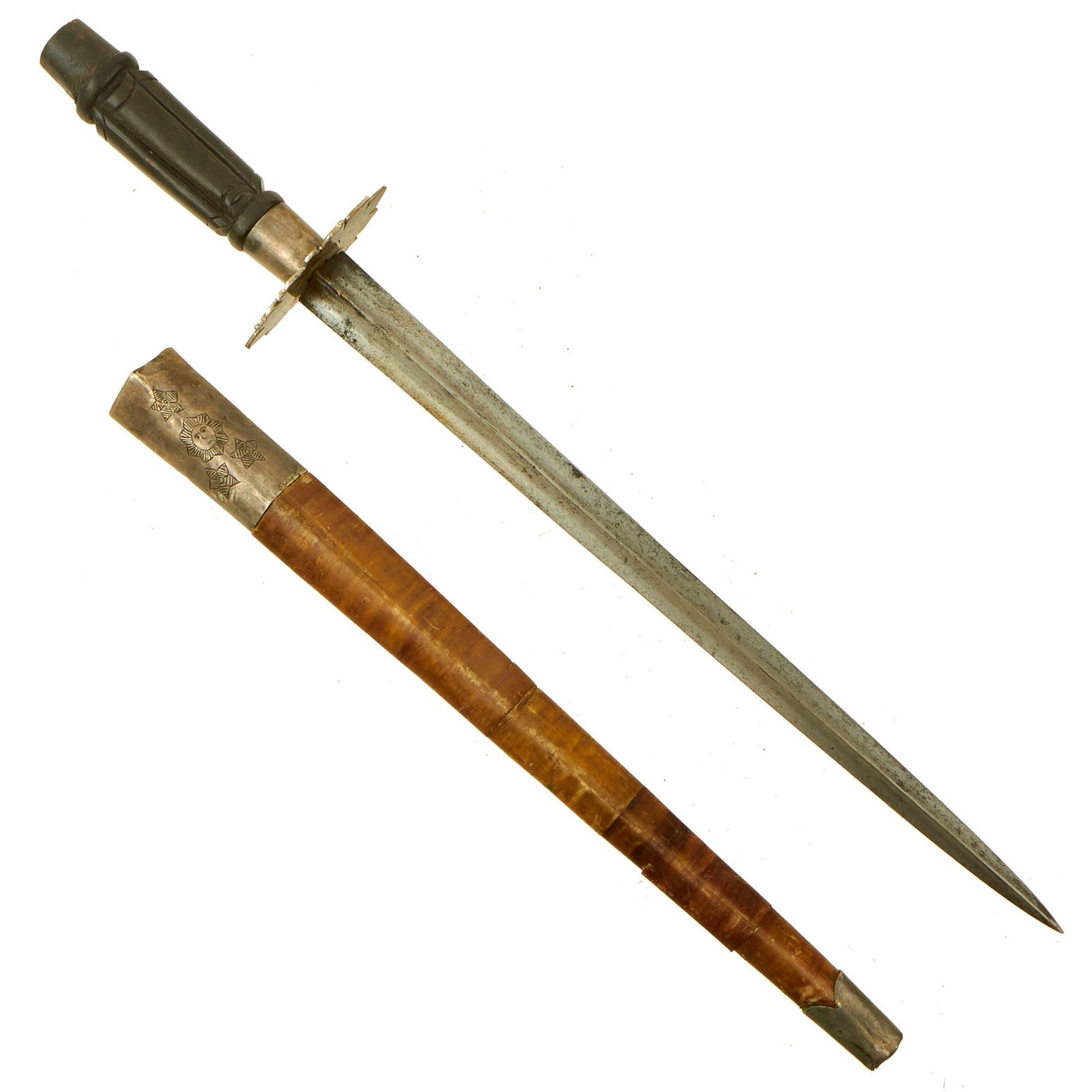 Buy Original Philippines Late 19th Century Filipino Revolution Katipunan Marked Stiletto With Triangular Blade and Scabbard | Original Firearms Antique For Sale