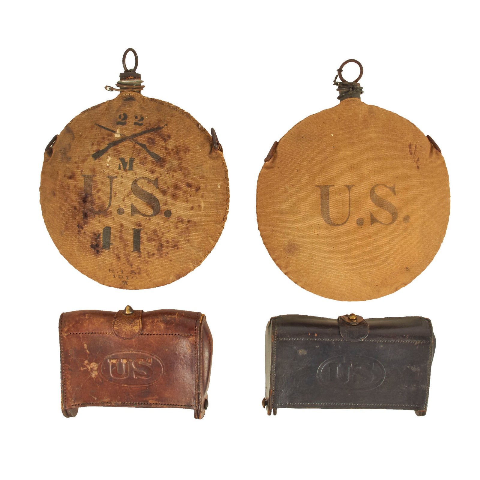 Buy Original U.S. Spanish-American War to WWI Era M1878 Canteens With 1st & 2nd McKeever Cartridge Boxes for .30cal Krag and Springfield Cartridges | Original Firearms Antique For Sale