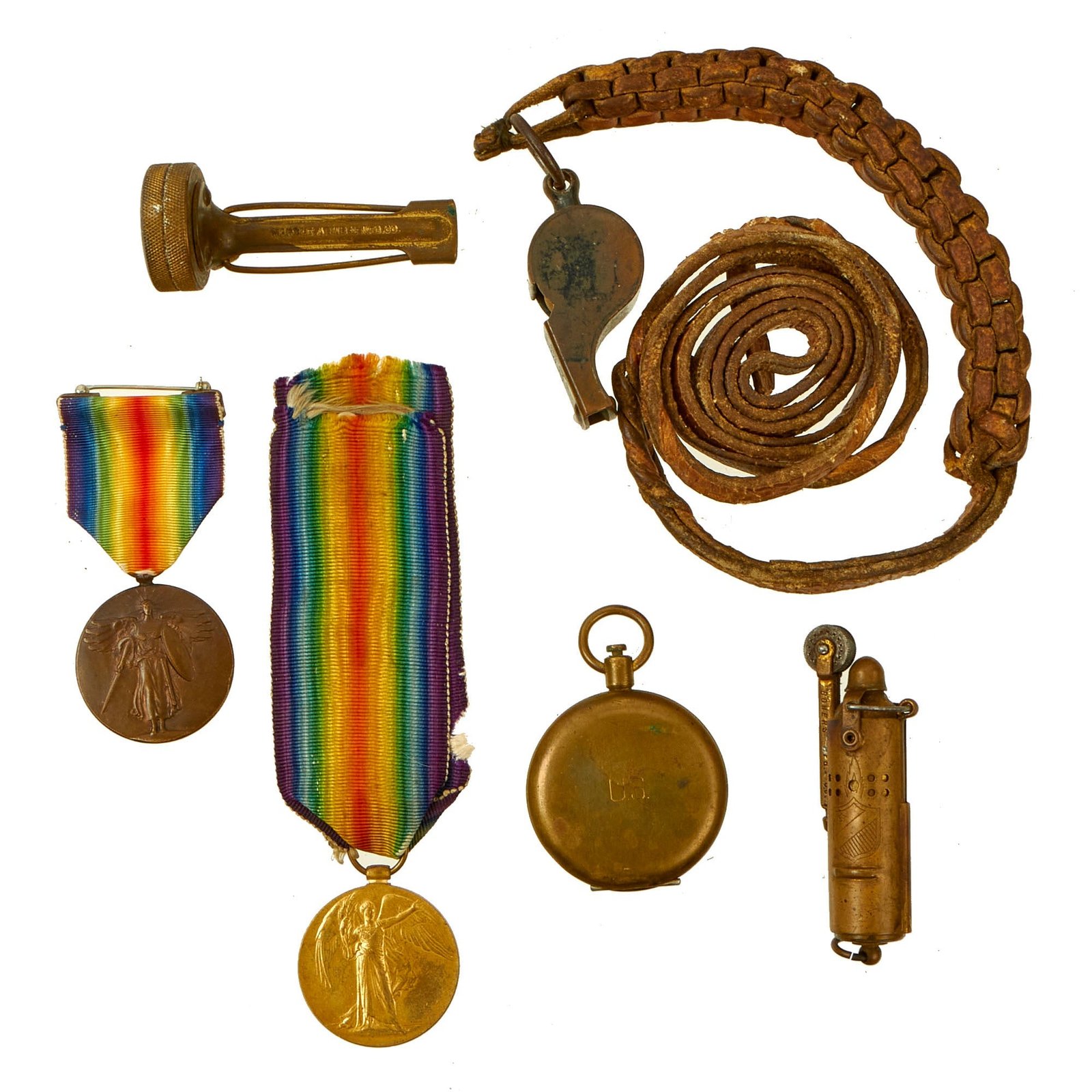 Buy Original U.S. WWI / WWII Era Personal Effects and Medal Grouping Featuring “Trench Whistle”, Pocket Compass and Victory Medals - 6 Items | Original Firearms Antique For Sale