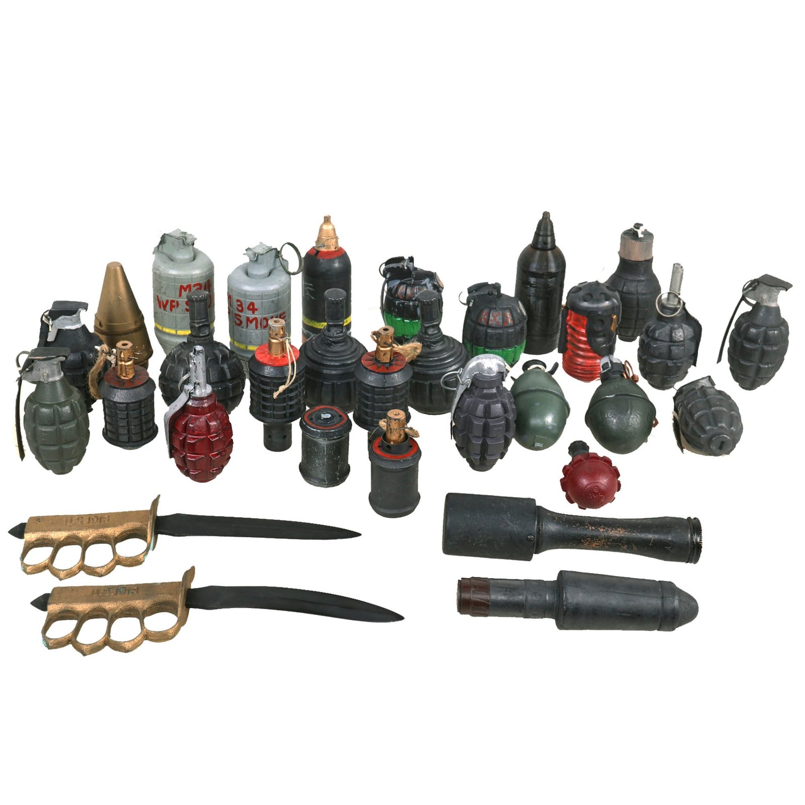 Buy Collection of 30 Inert Reproduction U.S., German, French, British, & Japanese Ordnance Pieces - Grenades, Mortars, Trench Knife | Original Firearms Antique For Sale