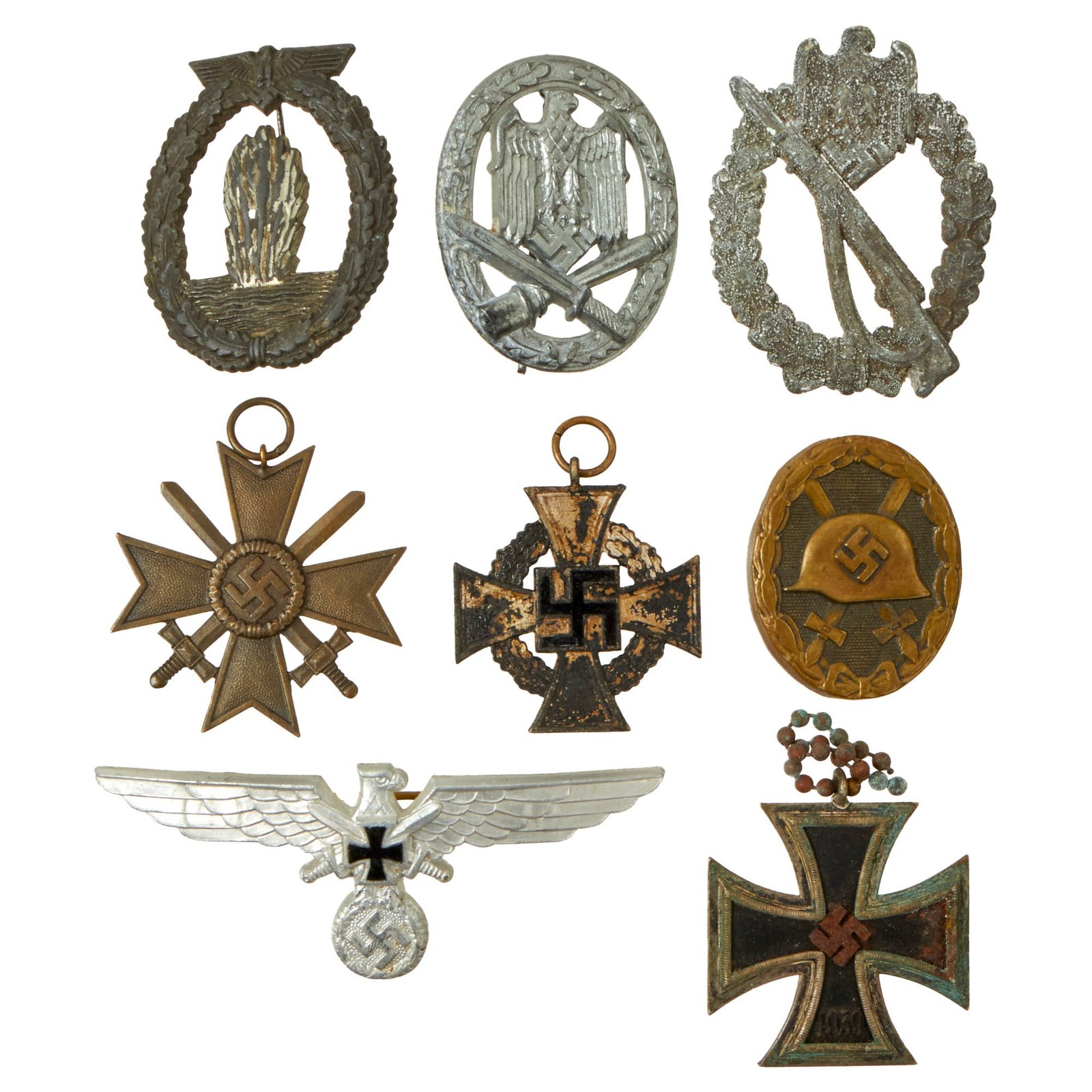 Buy Original German WWII Service Used Medal and Insignia Grouping with EKII, KvKII, Minesweeper Badge & More - 8 Items | Original Firearms Antique For Sale