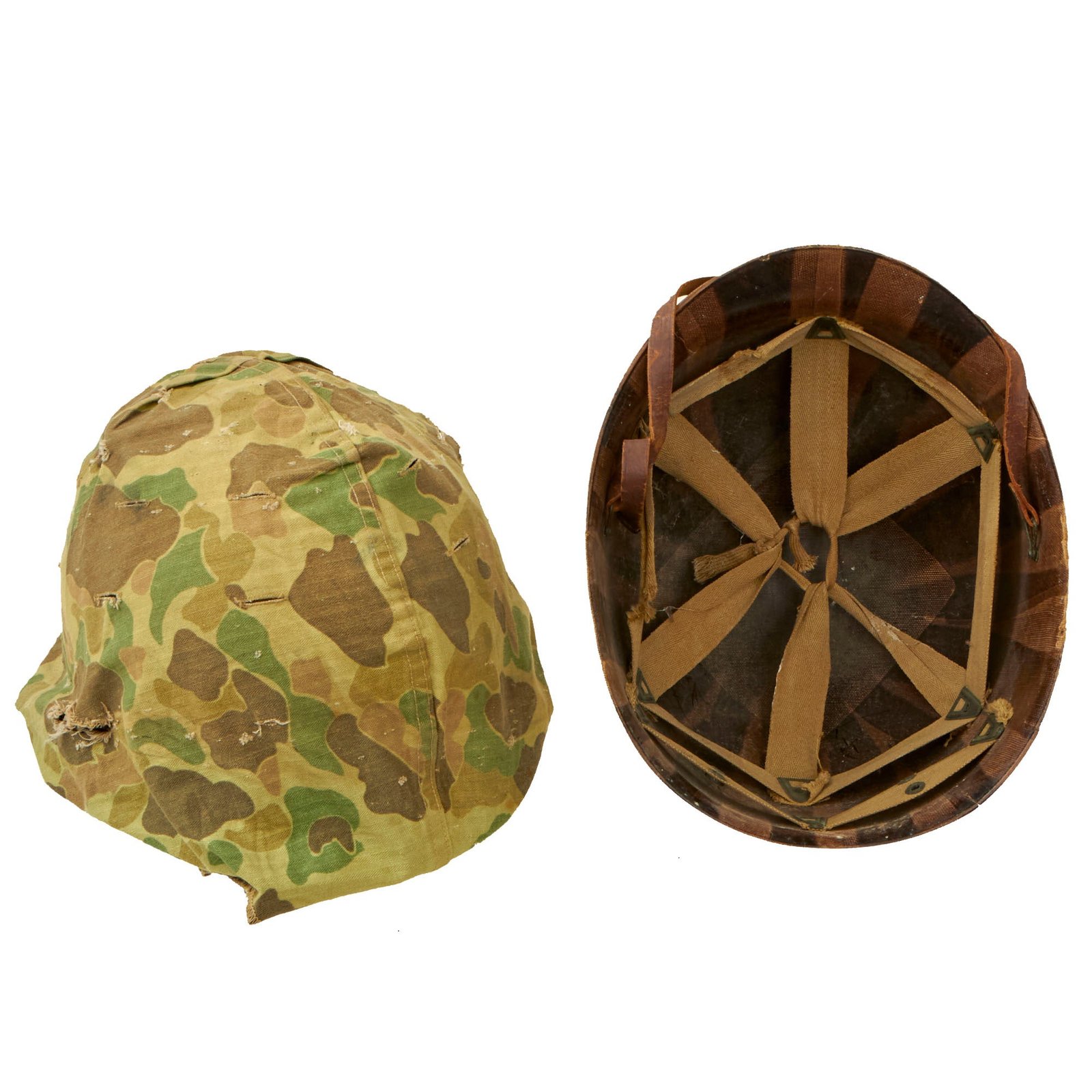 Buy Original U.S. WWII M1 McCord Front Seam Fixed Bale Helmet with Seaman Paper Co Liner & HBT Camouflage Cover | Original Firearms Antique For Sale