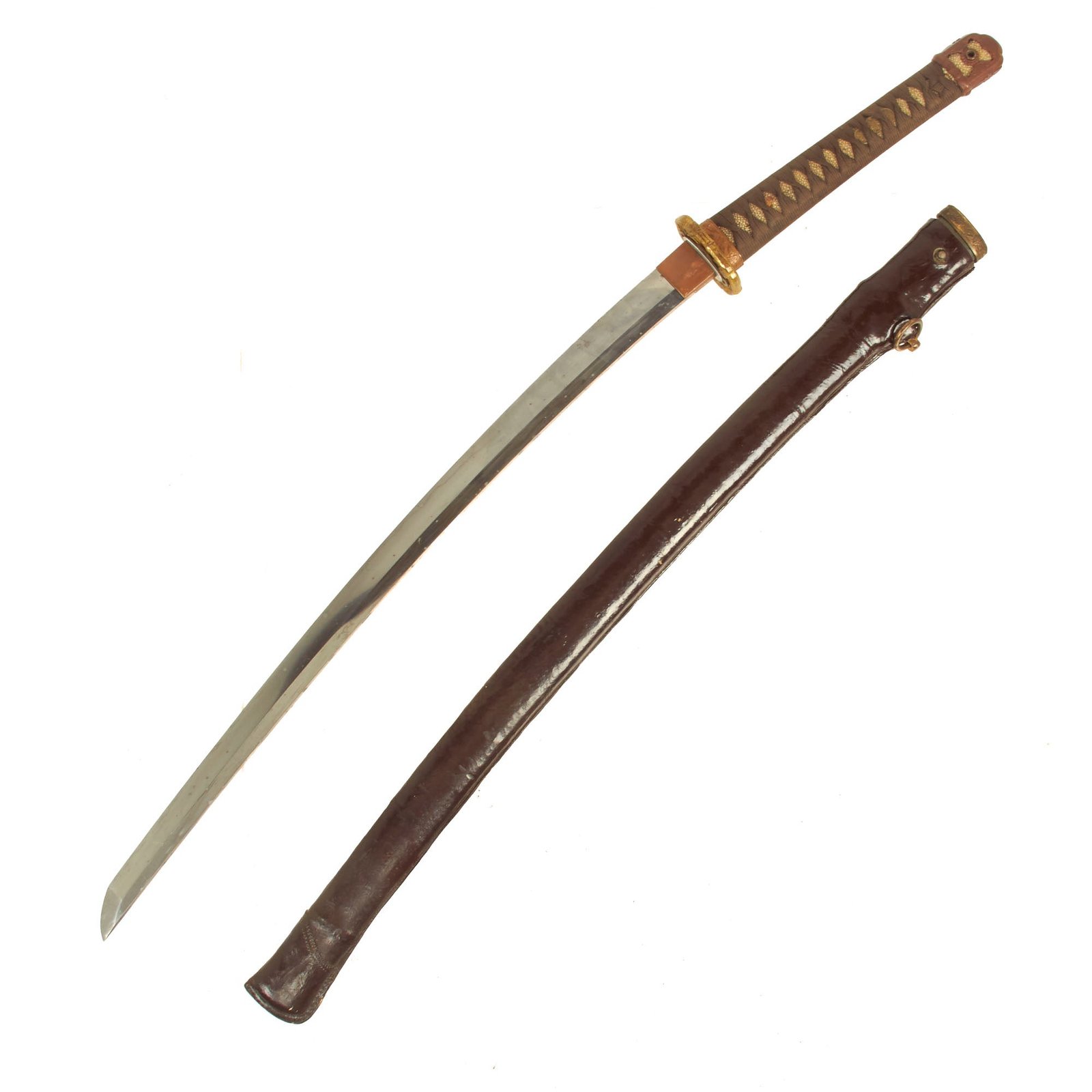 Buy Original WWII Japanese Type 98 Shin-Gunto Handmade Katana by FUKUJIMA YOSHISADA dated 1939 with Leather Covered Wooden Scabbard | Original Firearms Antique For Sale