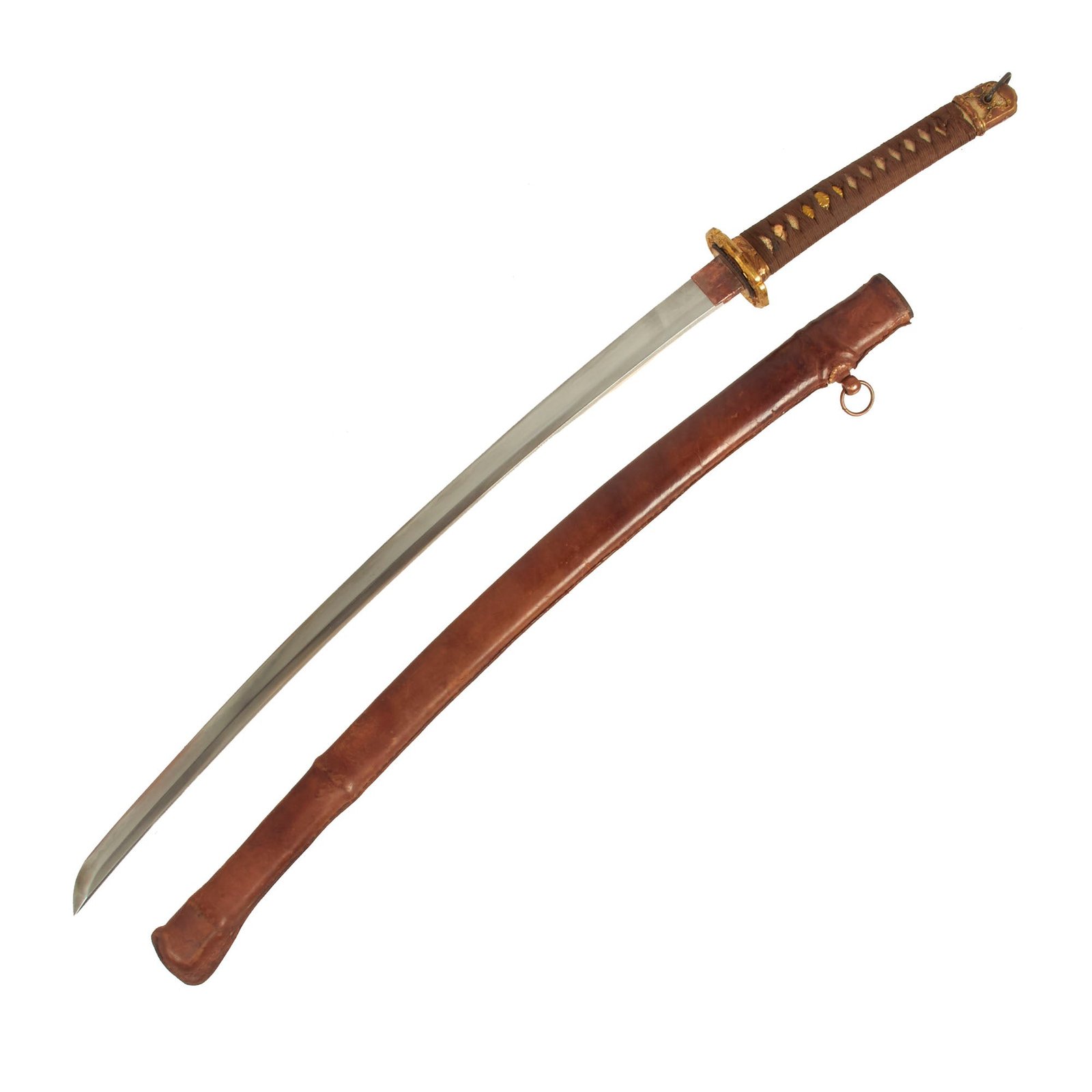Buy Original Japanese WWII Army Officer Type 98 Shin-Gunto Handmade Katana Sword by NAGAMURA KIYONOBU with Leather Covered Wood Scabbard | Original Firearms Antique For Sale