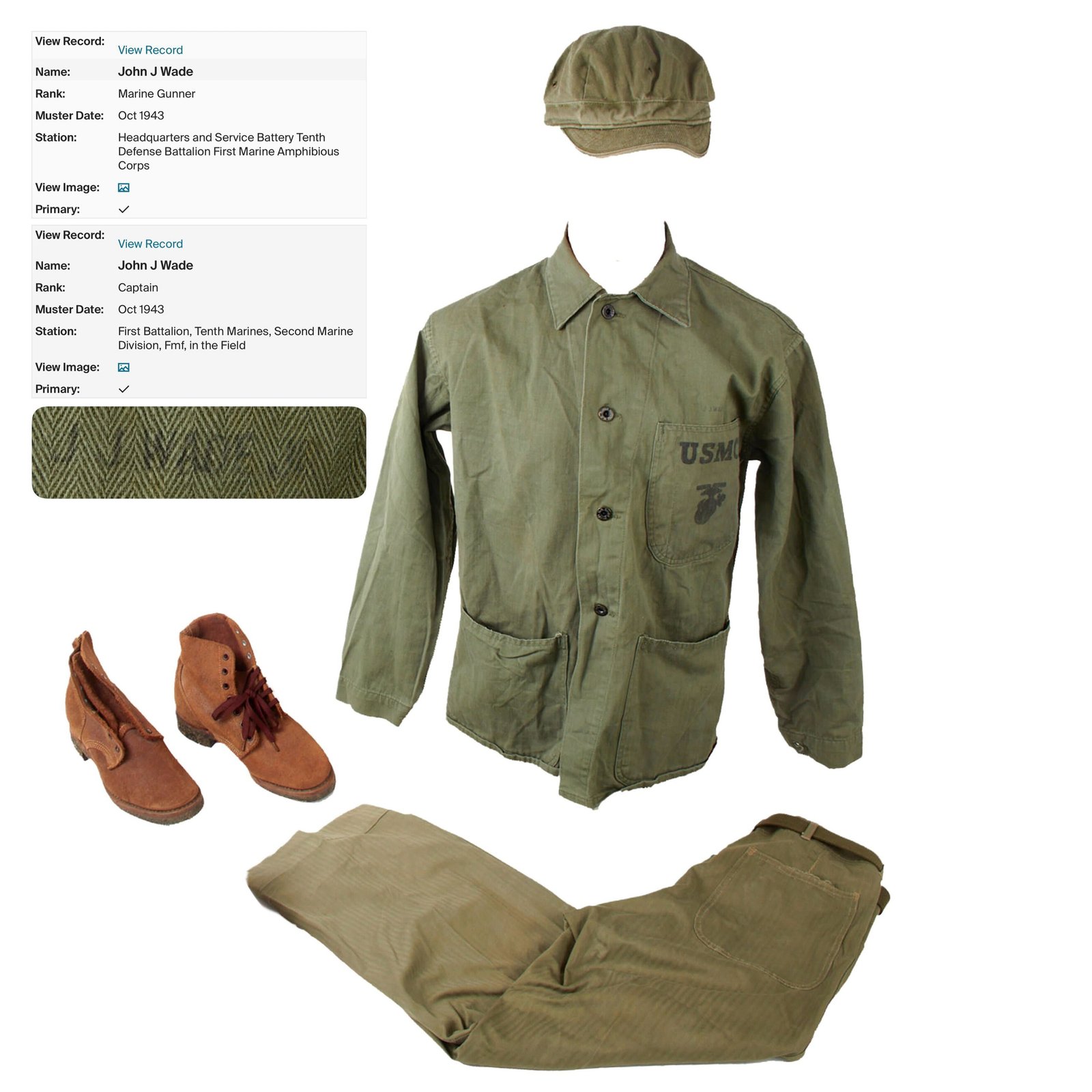 Original U.S. WWII Identified USMC HBT Herringbone Twill P41 Utility Combat Uniform & Boot Grouping - Lieutenant & Later Colonel John J. Wade Jr.