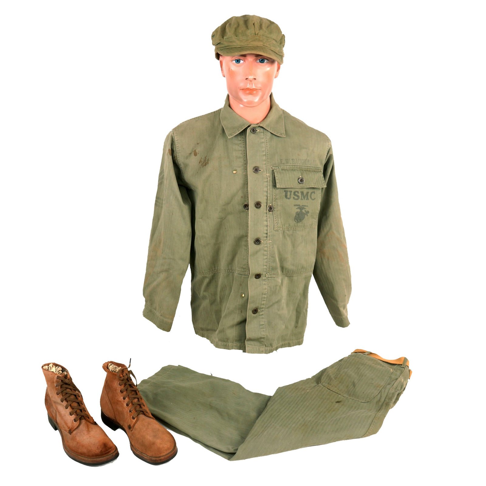 Buy Original U.S. WWII Named USMC HBT Herringbone Twill P41 Utility Combat Uniform Grouping - Jacket, Trousers, Cap, & Boots | Original Firearms Antique For Sale