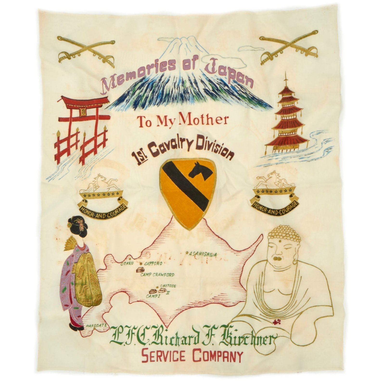 Buy Original U.S. Korean War Era Rayon Silk Japan Souvenir Flag Personalized for the Mother of PFC Richard F. Kirchner - 29 ½” x 35” - Formerly Part of the A.A.F. Tank Museum | Original Firearms Antique For Sale