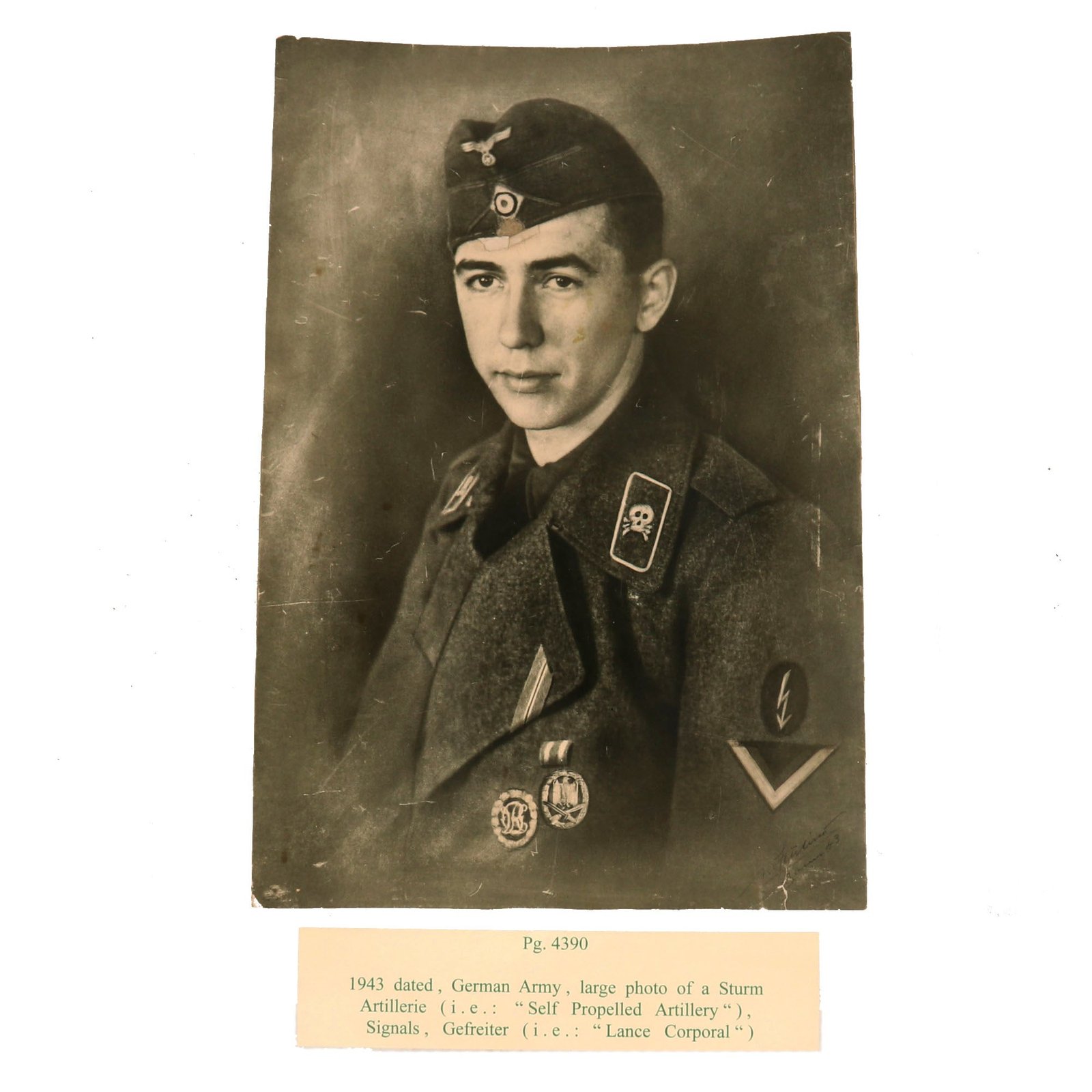 Buy Original German WWII Heer Sturmartillerie Enlisted Signals Gefreiter Rigid 12 ¾" x 19" Photograph - Signed & Dated 1943 - Formerly A.A.F. Tank Museum | Original Firearms Antique For Sale