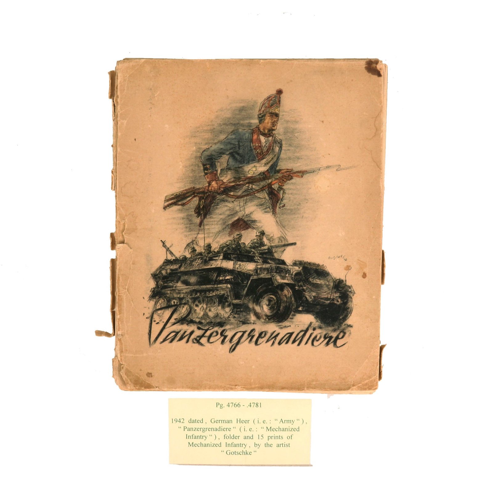 Buy Original German WWII 1942 Dated Panzergrenadiere Mechanized Infantry Folder and 15 Prints by Artist Walter Gotschke - Formerly A.A.F. Tank Museum | Original Firearms Antique For Sale